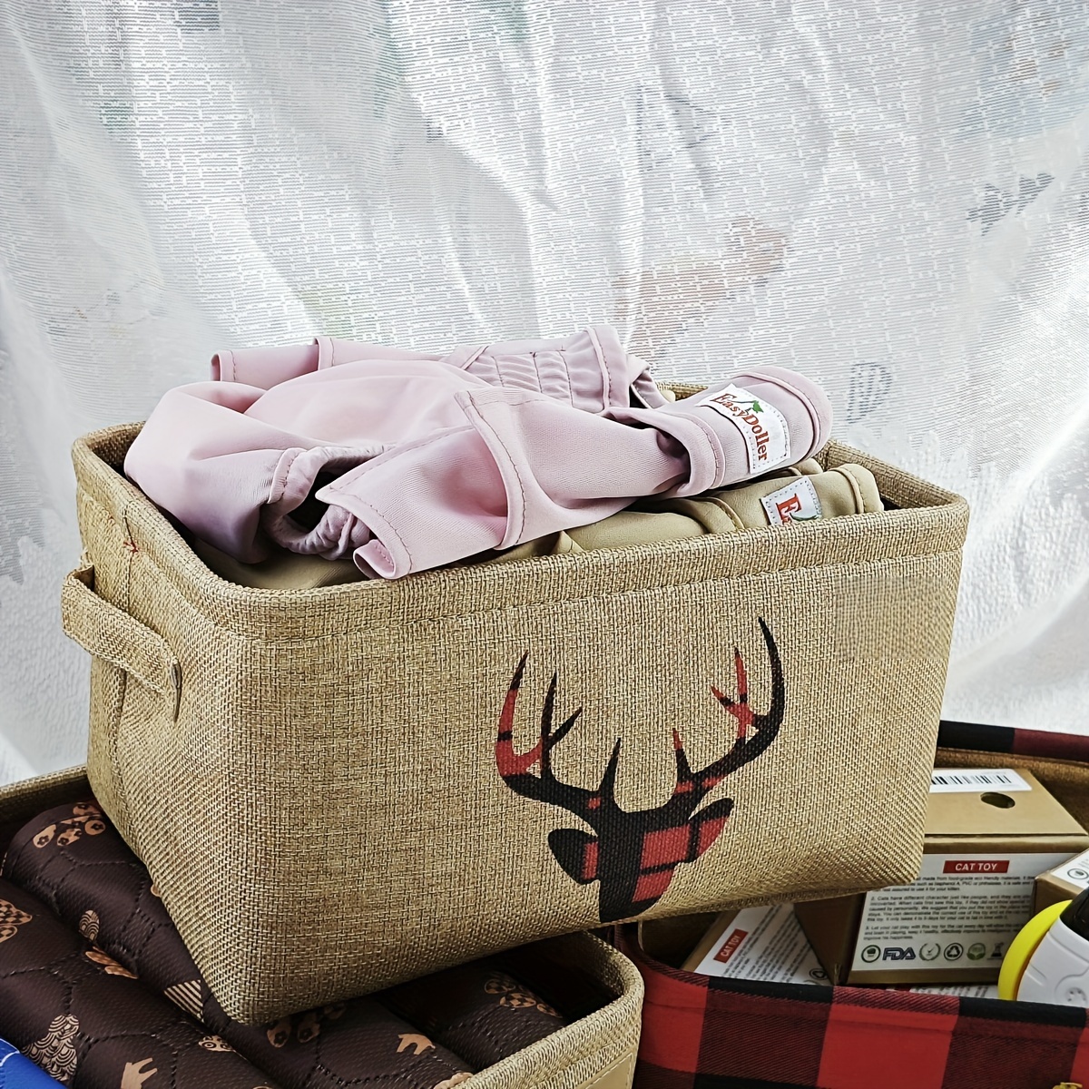 Collapsible Christmas Deer Jingle Bell Storage Basket, Buffalo