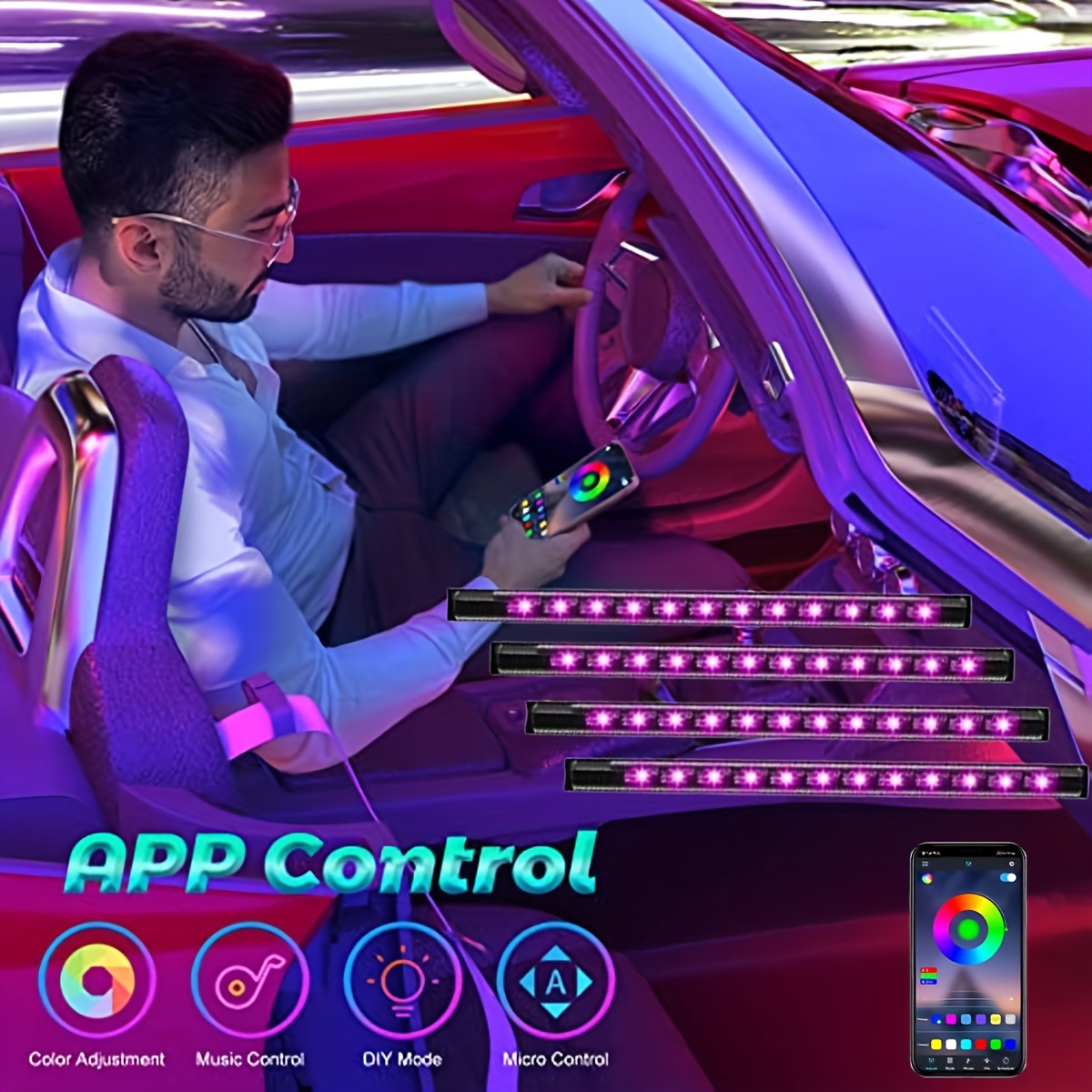 Car Led Strip Lights Wireless App Remote Control Rgb 1 - Temu