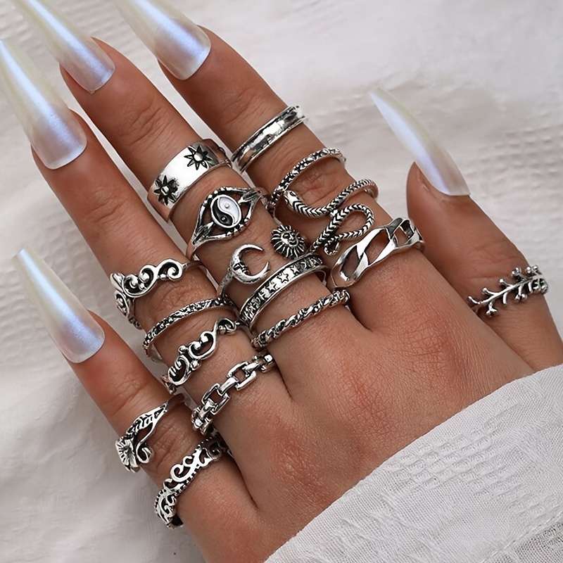 16pc Vintage Stackable Sun Moon Snake Leaf Ring Set