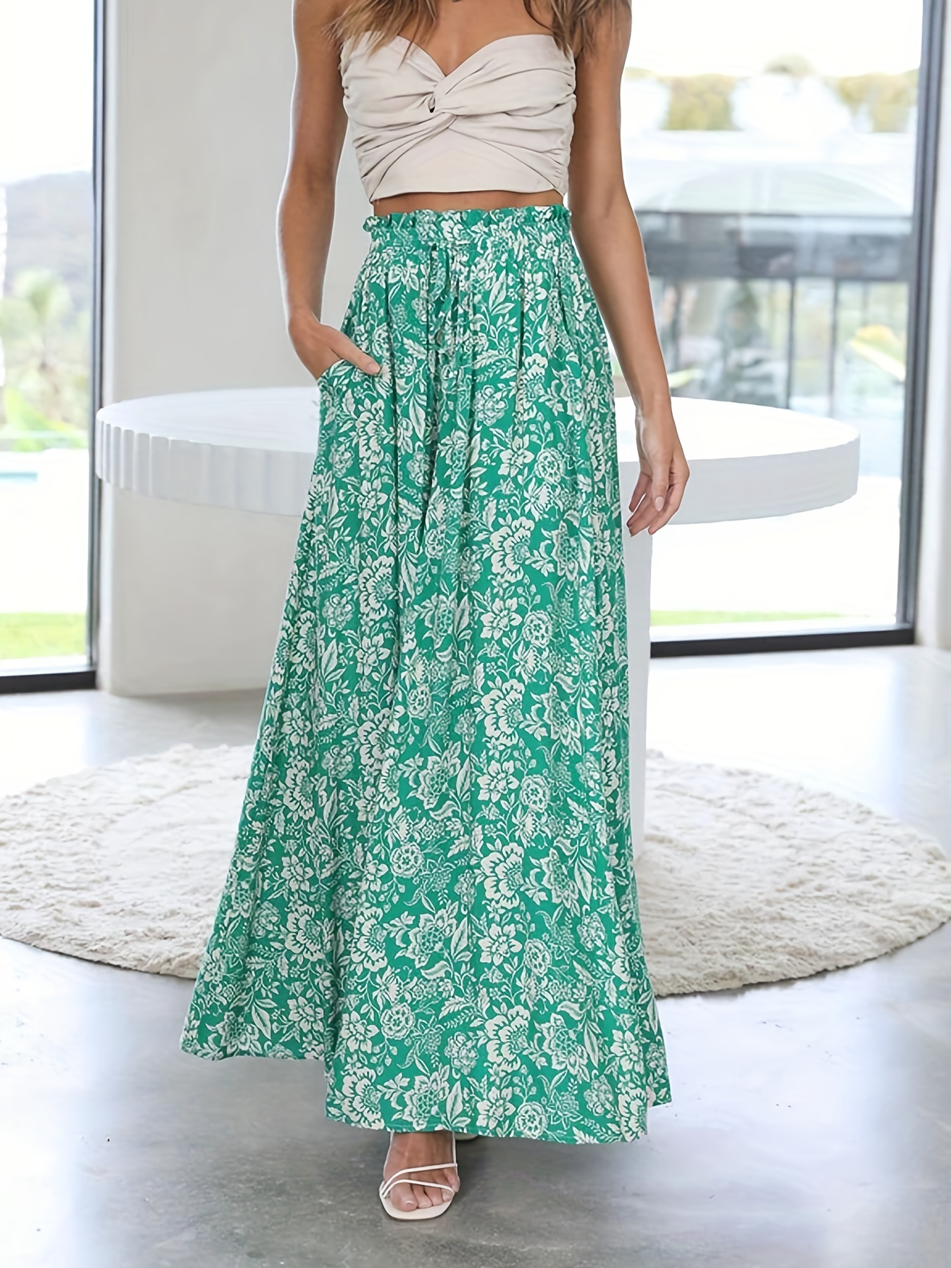 Pantalon Palazzo Femme NY Collection Taille L – Vert Imprimé Géométrique, Jambes Larges, Taille élastique Avec Poches
