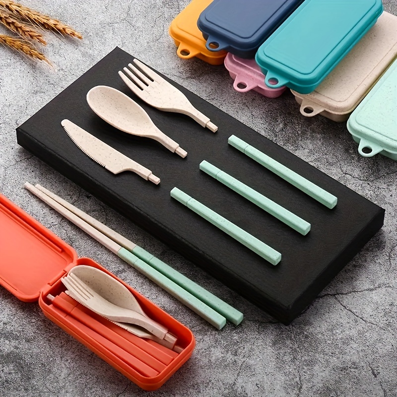 4 Pcs Travel Utensils with Case - Wheat Straw Dinnerware Sets