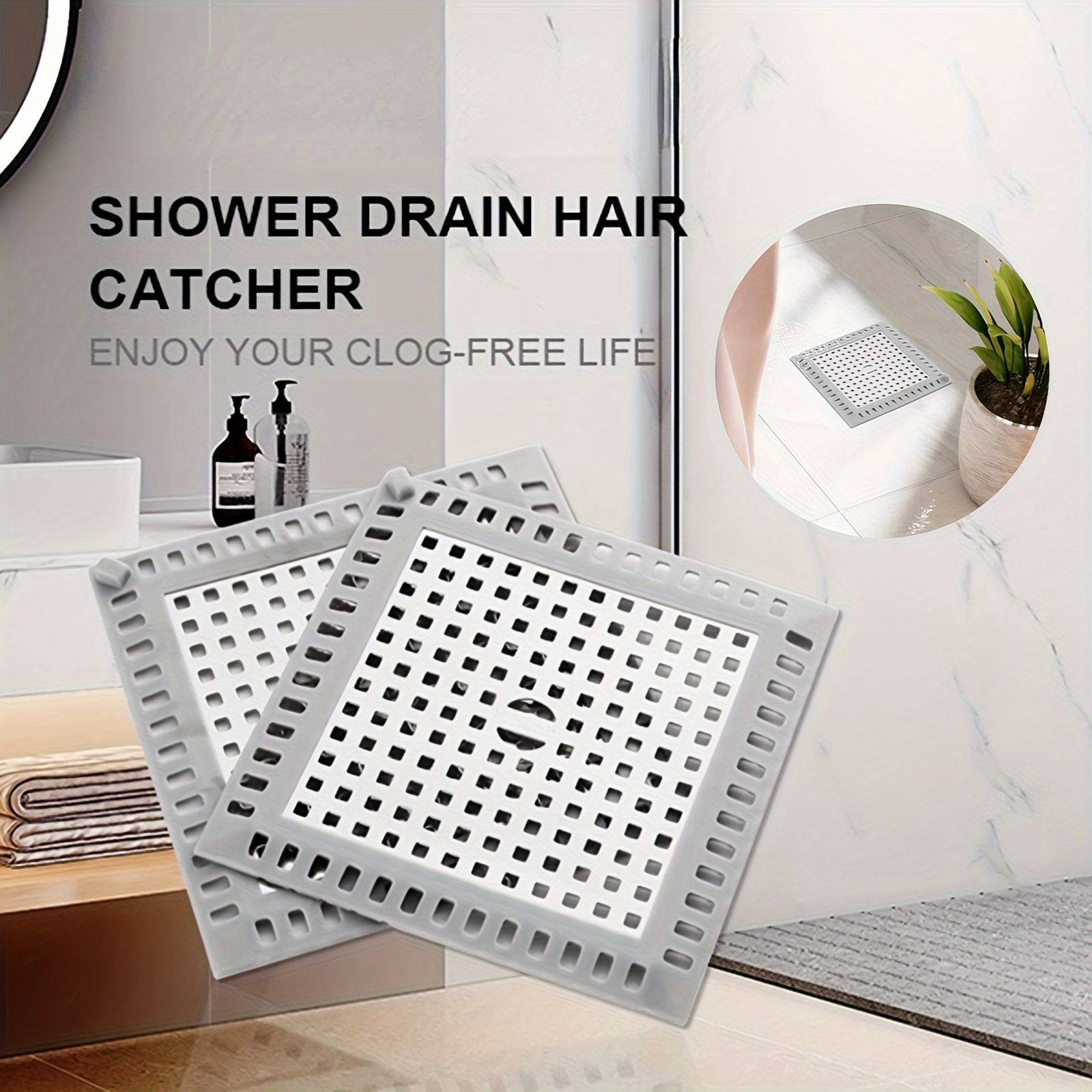 Bovinde Hair Drain Catcher,Square Drain Cover for Shower Silicone Hair  Stopper with Suction Cup,Easy to Install Suit for Bathroom,Batht