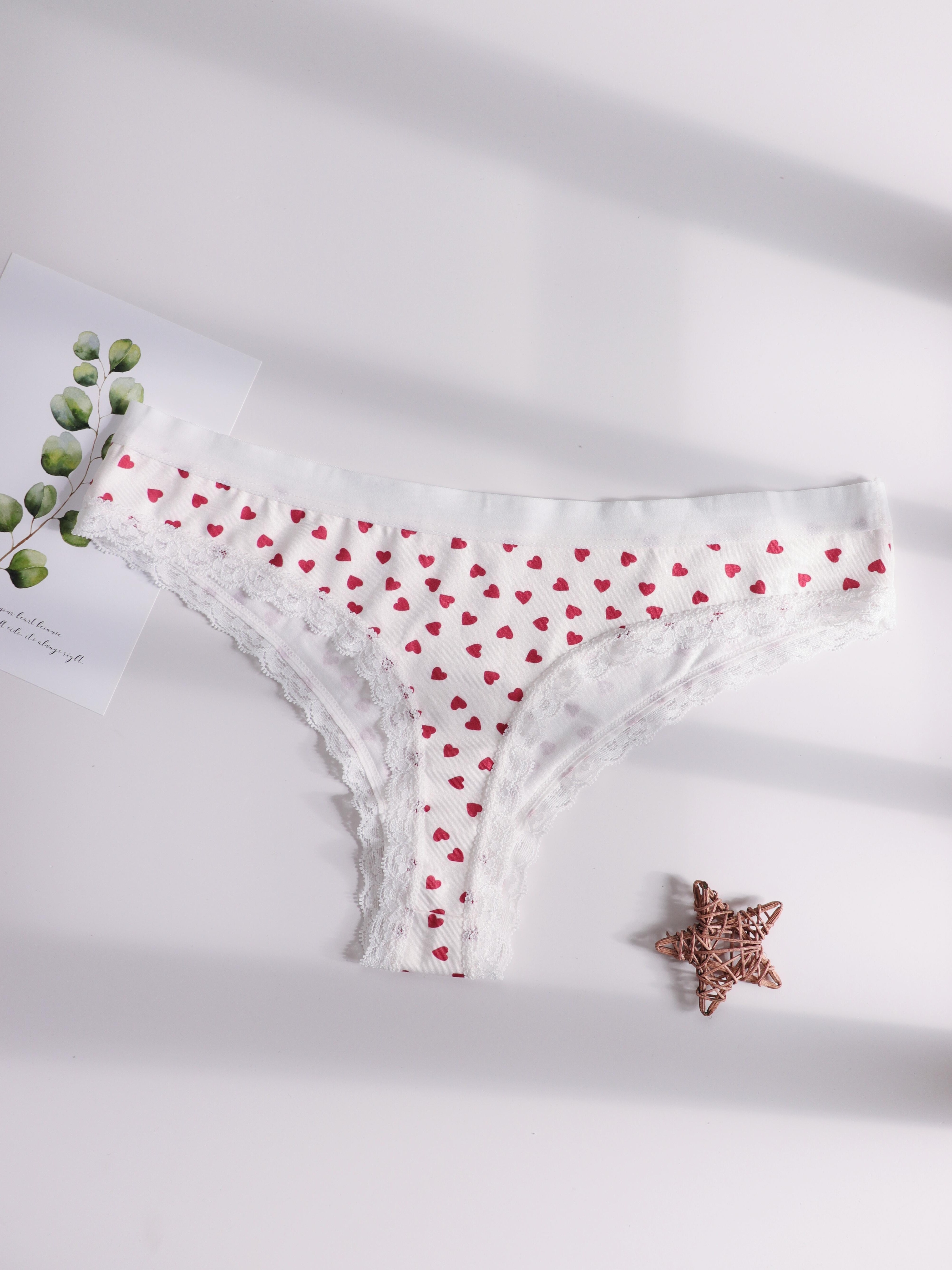 5pcs Heart & Fruit Print Thongs, Cute Comfy Lace Trim Intimates Panties,  Women's Lingerie & Underwear