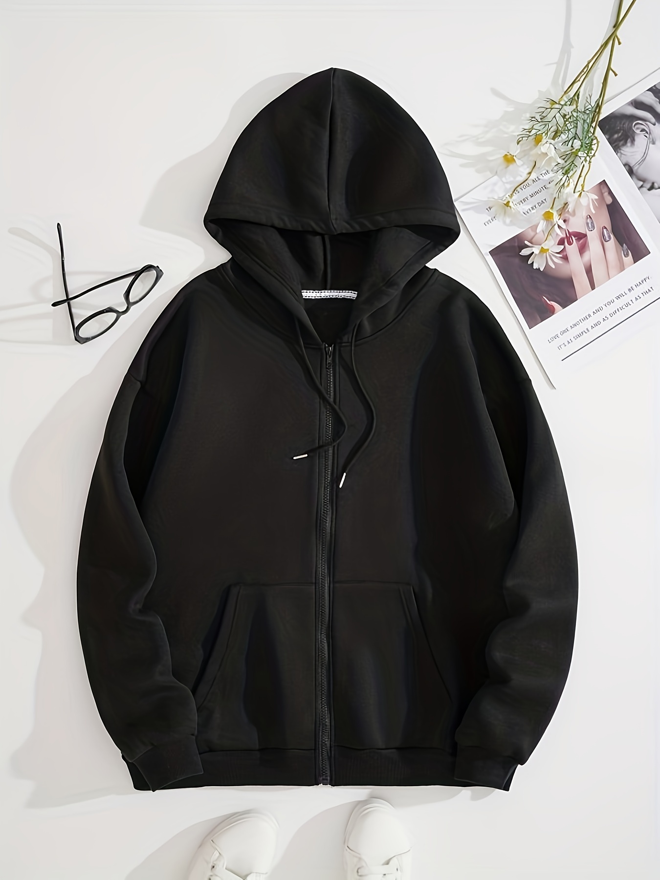  Womens Hoodie Pullover Casual Plain Basic Sweatshirt with Hood  Solid Color Oversized Long Sleeve Hoodies Black : Sports & Outdoors