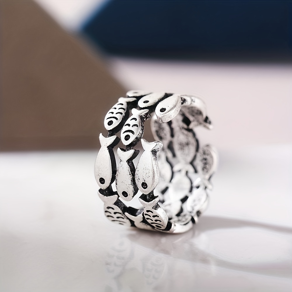 Cute Fish Band Ring Silver Plated Delicate Carving Craft - Temu Canada