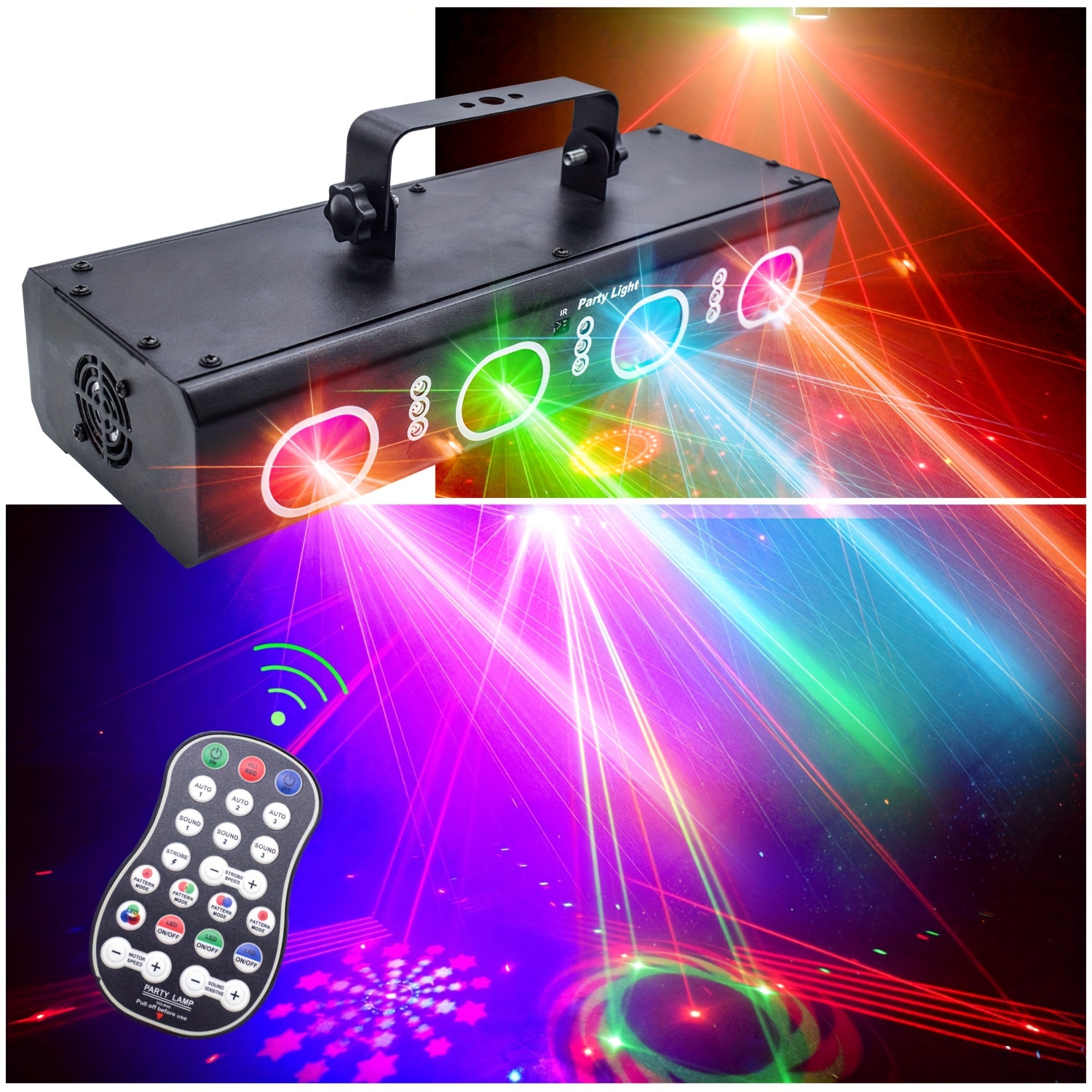 Luces de fiesta + luz de bola de discoteca, 3 en 1 DJ escenario  estroboscópico soporte de iluminación DMX 512 activado por sonido con  control remoto