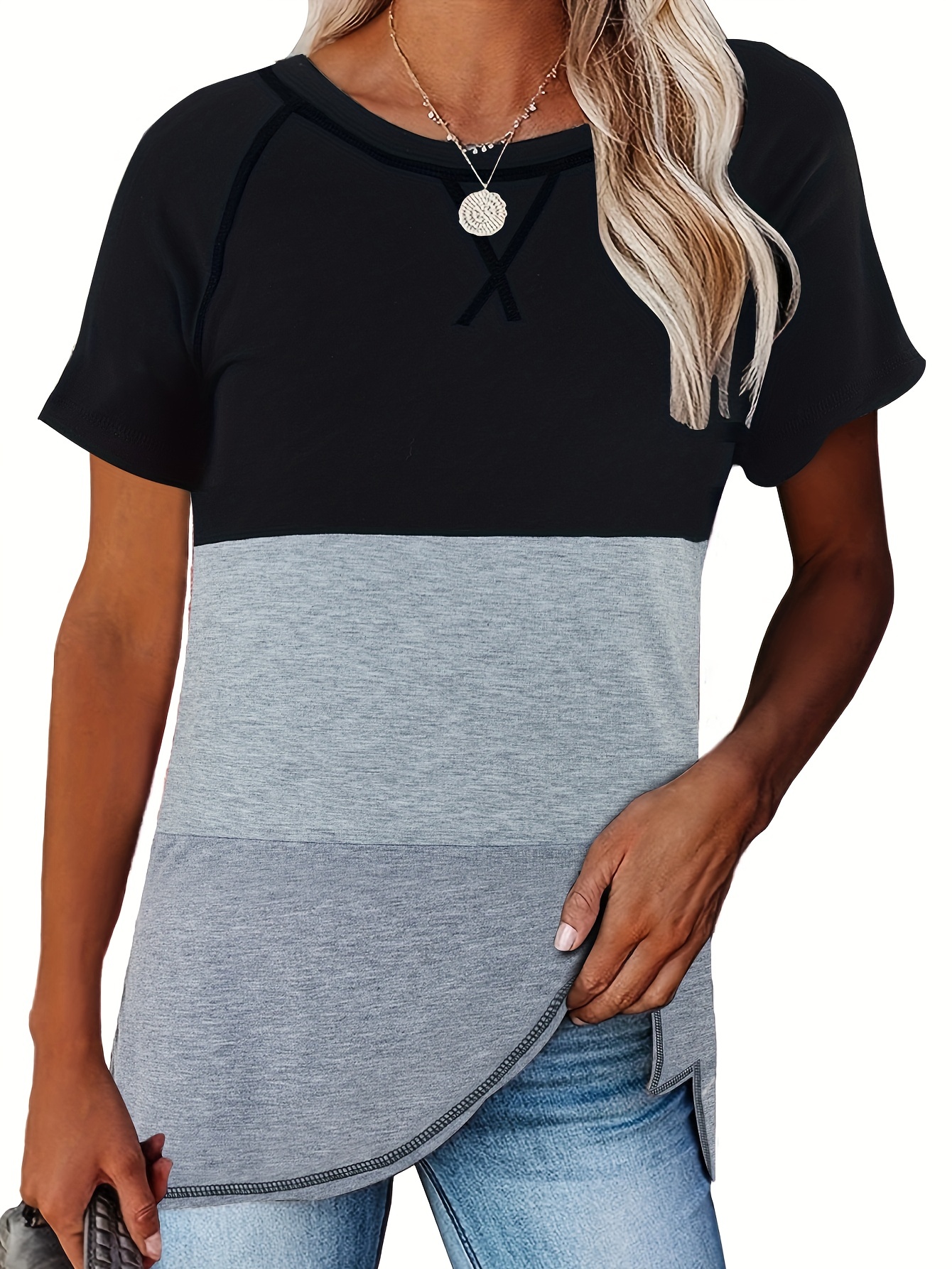 Womens Ladies Asymmetric Hem Side Slant Baggy Longline Turn-Up Tee