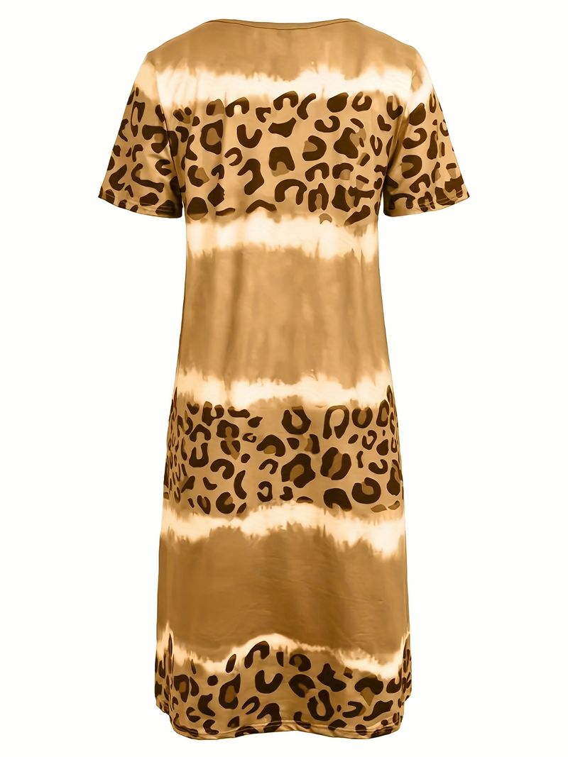 Plus Size Casual Dress, Women's Plus Tie Dye Leopard Short Sleeve V Neck Slight Stretch Dress details 4