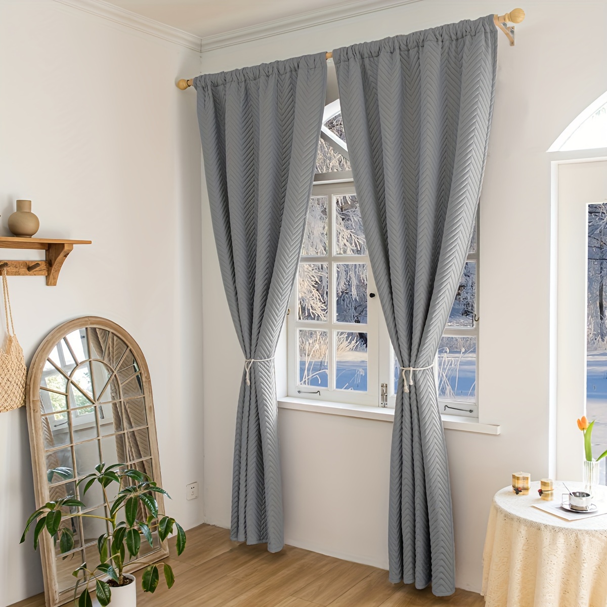 2pcs   thickened curtains soundproof windproof blackout drapes geometric twill weave polyester   rod pocket hook ring hanging fashionable bedroom decor for   room types details 10