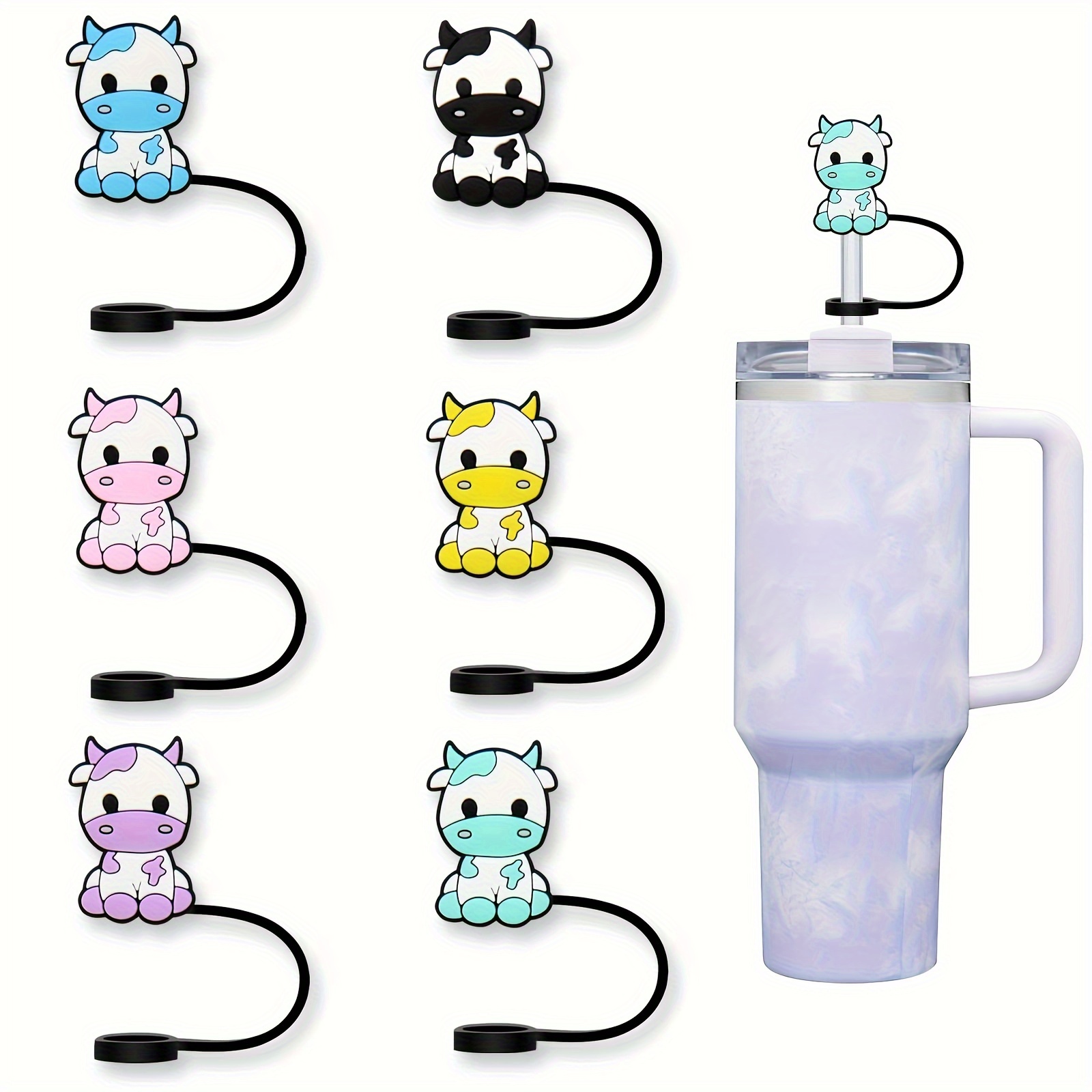 7pcs Cartoon Cow Straw Cover, Reusable Dustproof Silicone Straw Cap, Cup  Decoration Accessories