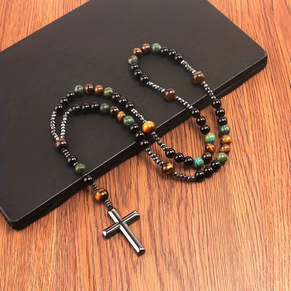 Black Lava Black Stone Rosary Christian Cross| Rosaries Necklaces