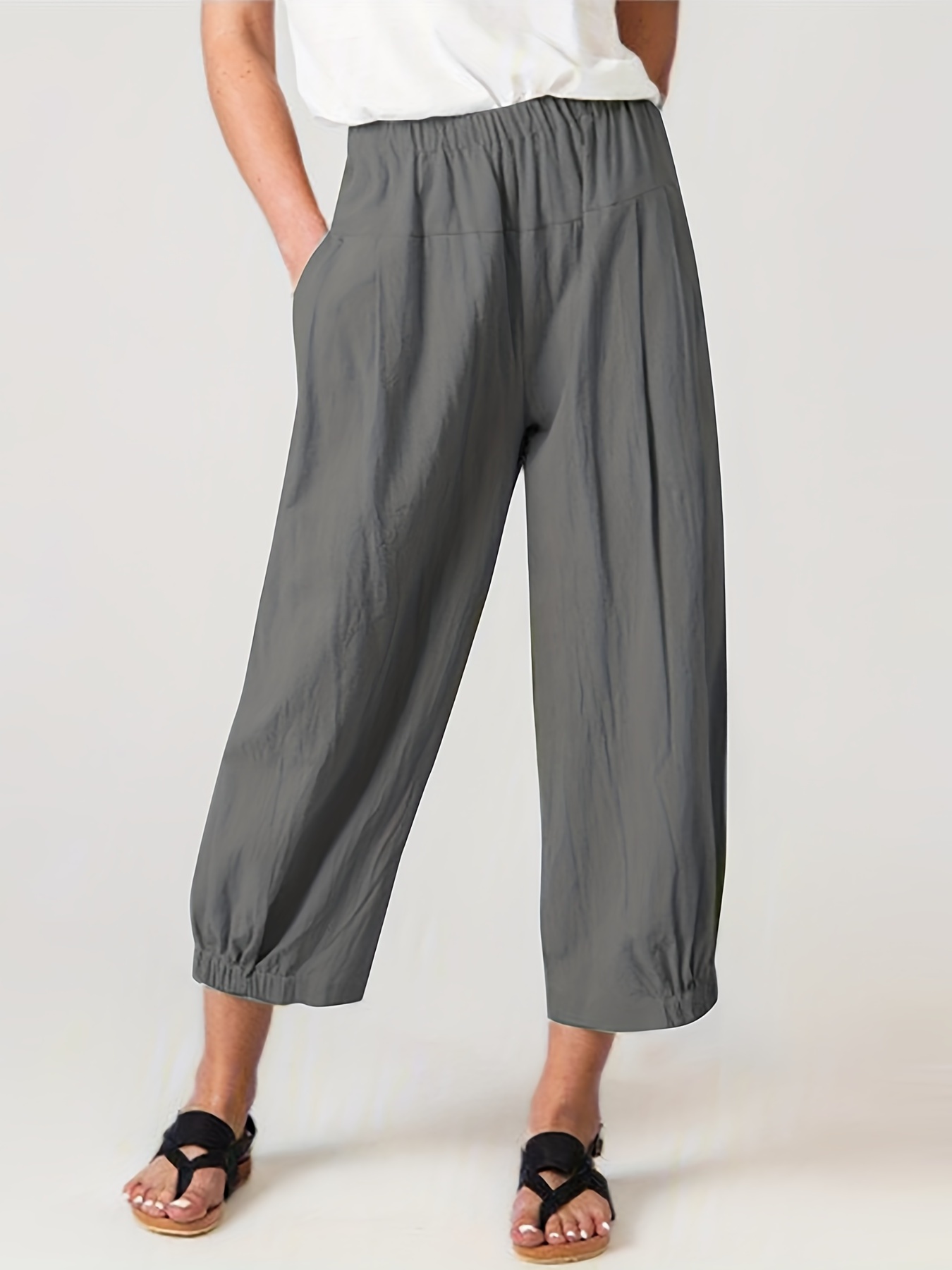 Minimalist Solid Versatile Pants, Casual Wide Leg Elastic Waist Summer  Pants, Women's Clothing