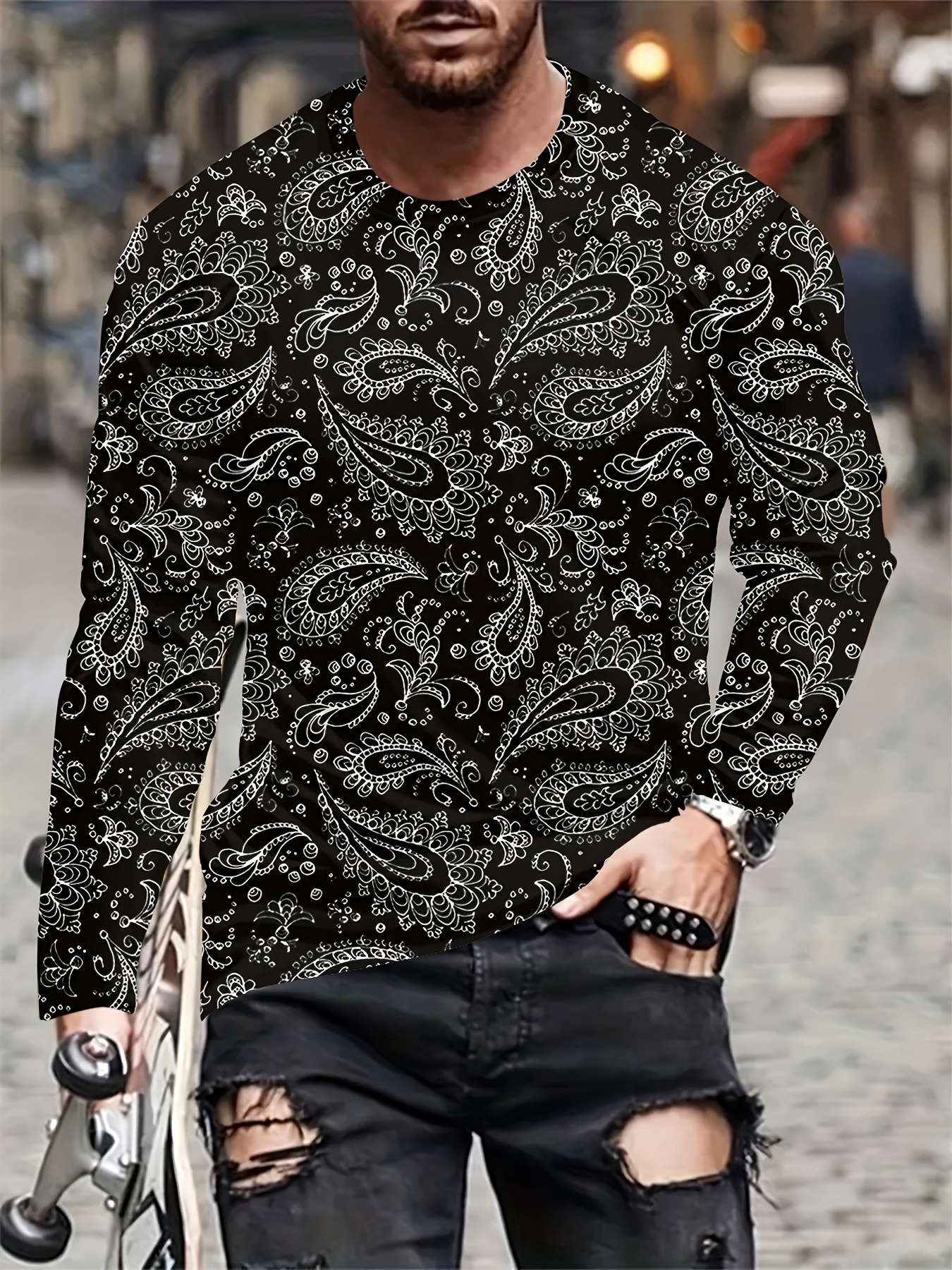 Paisley Pattern Print Men's Graphic Design Crew Neck Long - Temu