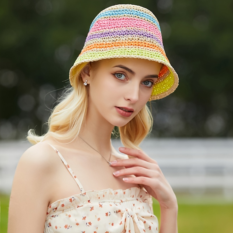 Rainbow Gradient Bucket Hat Breathable Straw Hat Women Beach - Temu