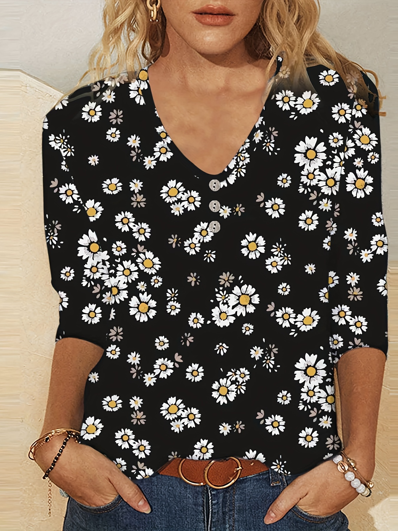 floral print button v neck t shirt casual long sleeve top for spring fall womens clothing