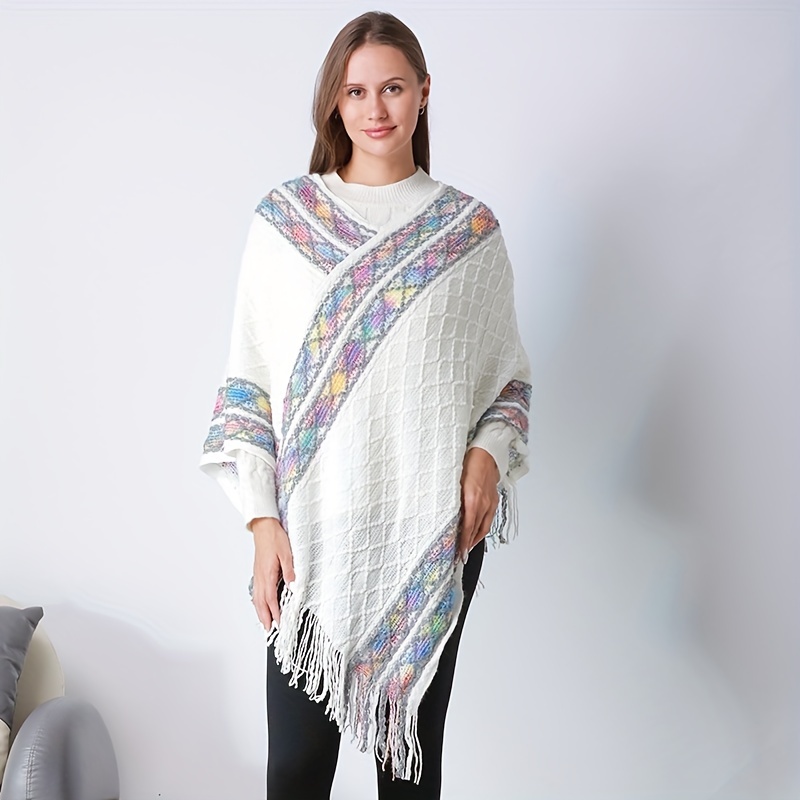 boho     pullover poncho vintage striped tassel shawl cape casual travel windproof warm knit wrap shawl details 0