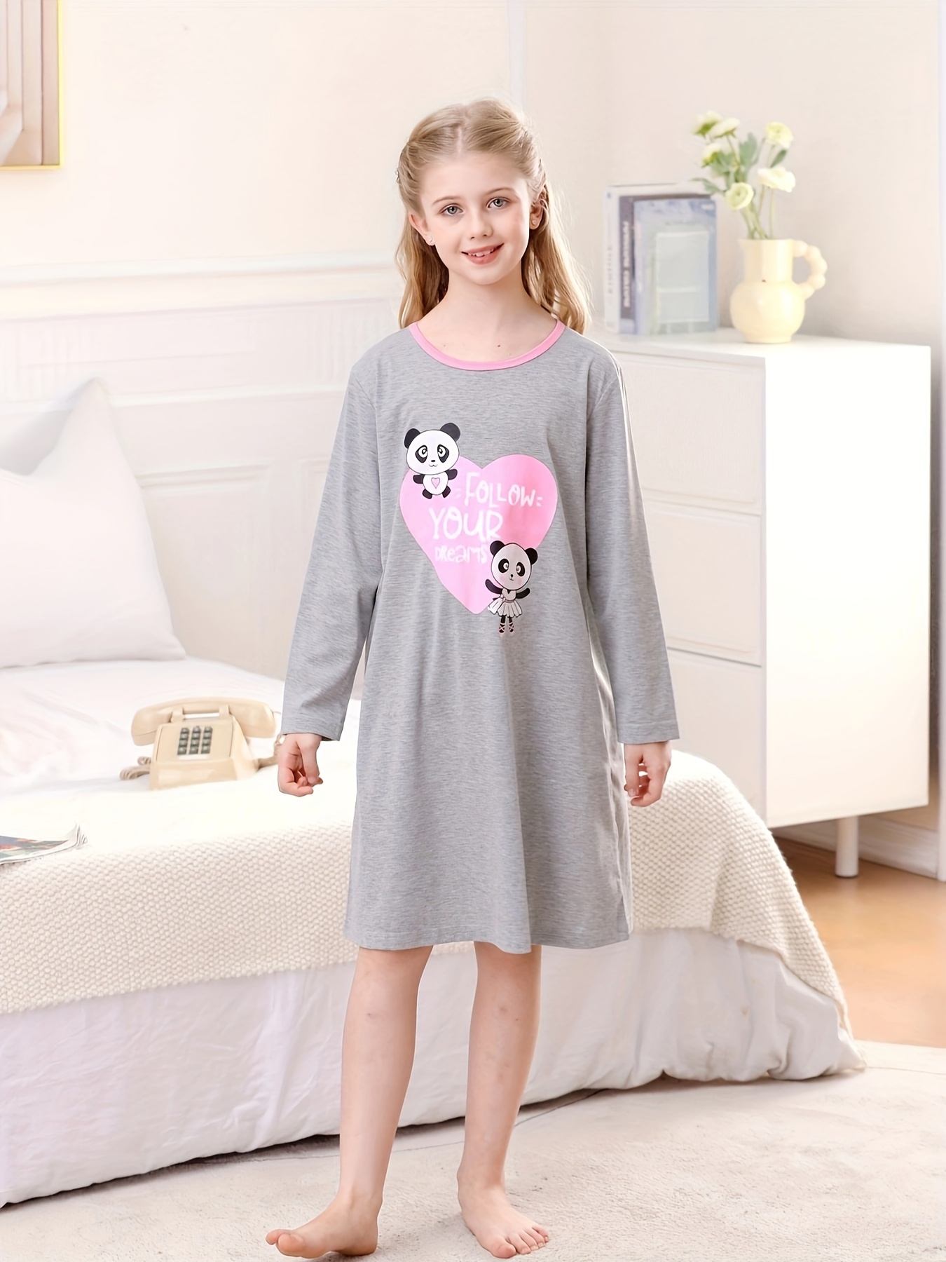 Girl's Cartoon Animal/food Print Nightgown Long Sleeve - Temu Canada