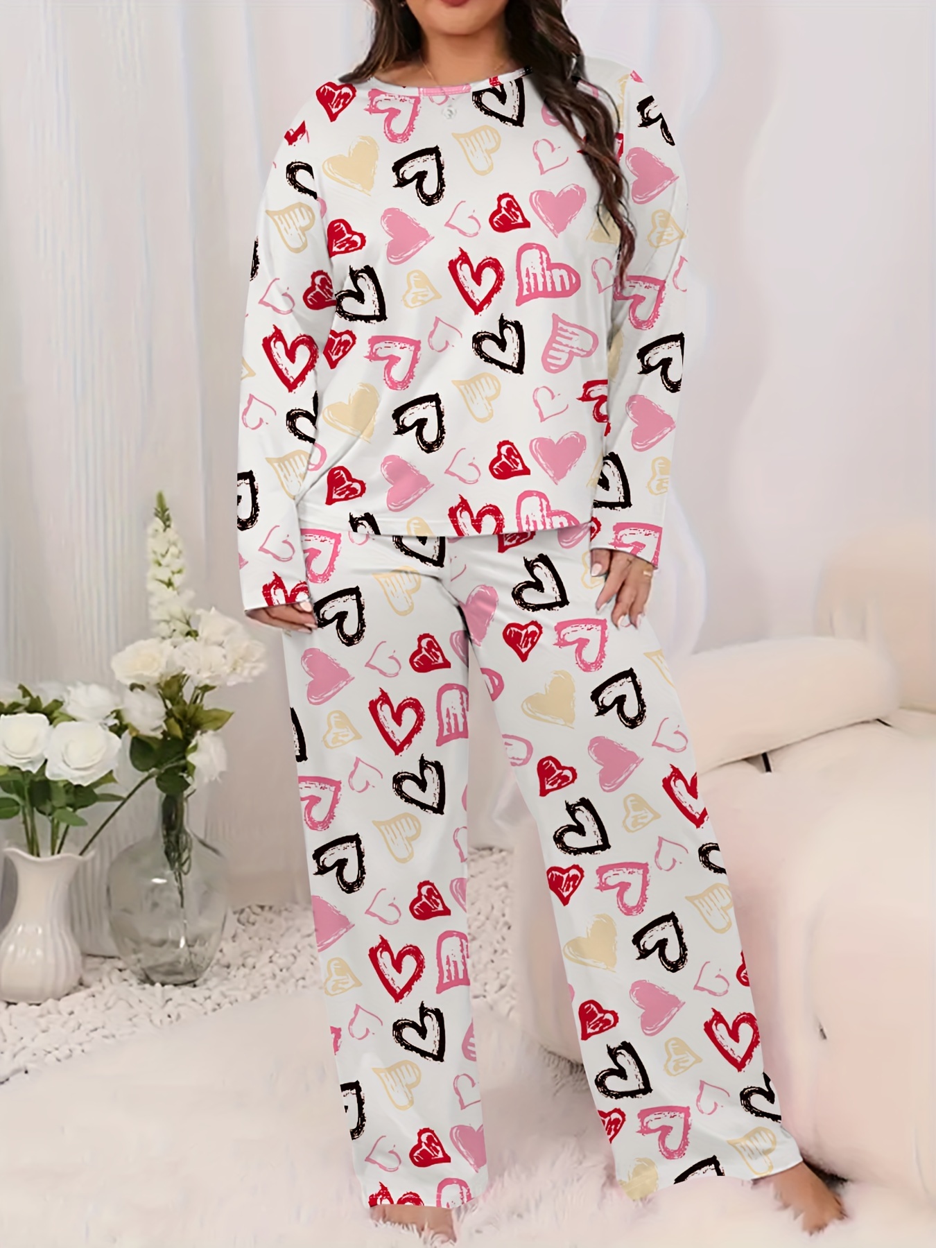 Plus Size Cute Pajama Set Women's Plus Heart Print Short - Temu Canada