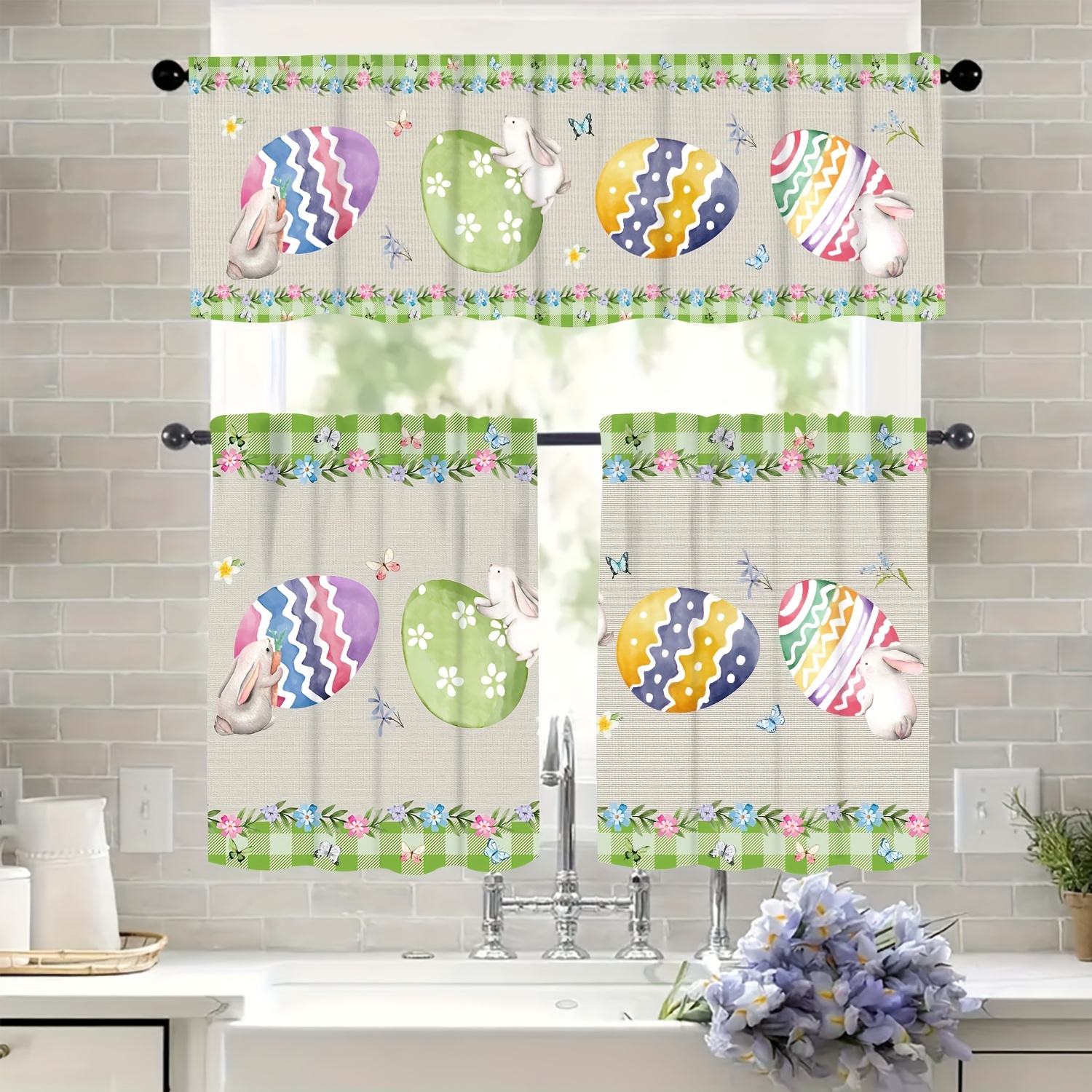 3pcs set happy easter bunny colorful eggs green buffalo plaid print curtain valance kitchen curtains semi blackout window treatment for bedroom living room cafe and home decoration