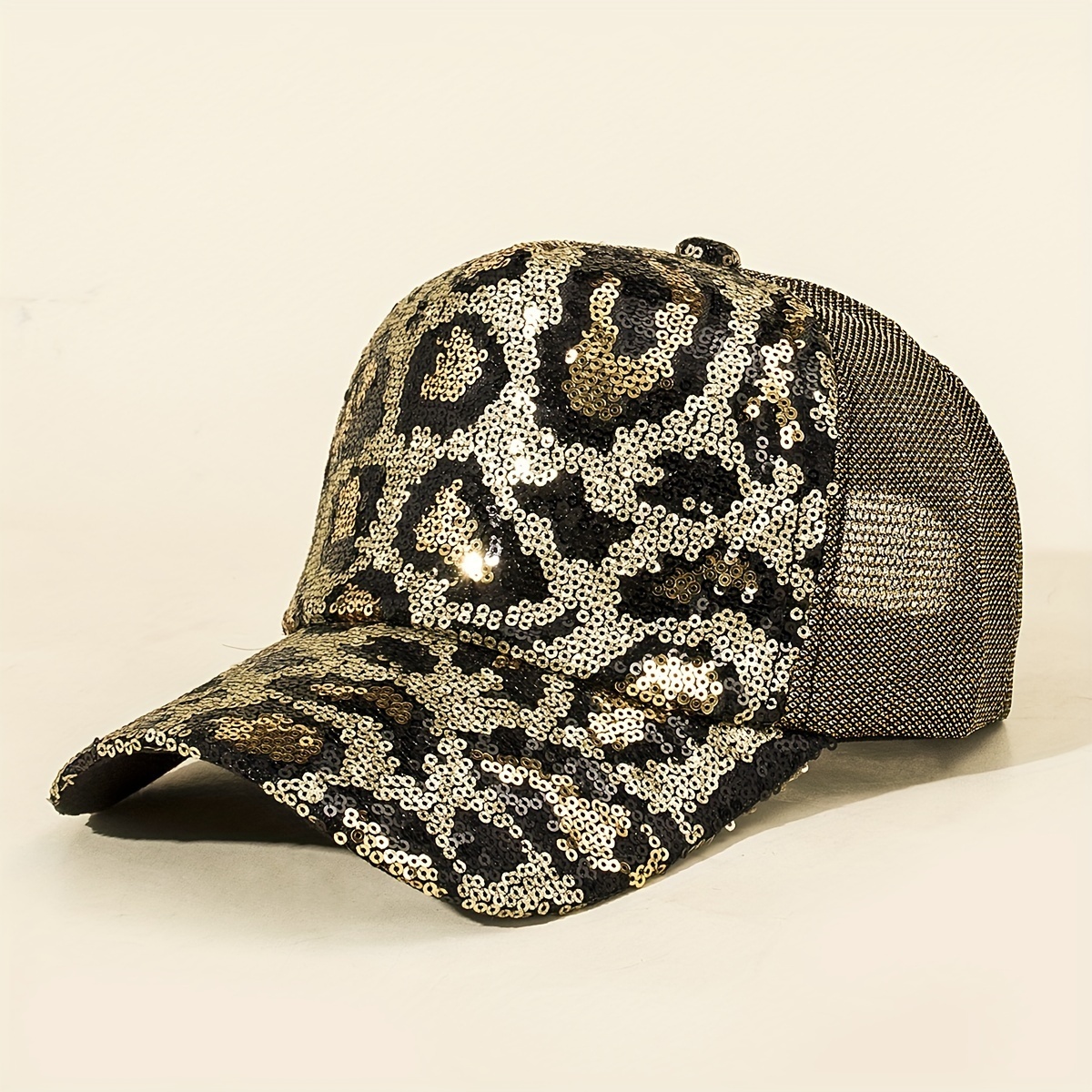 

Sequin Leopard Trendy Trucker Hat Mesh Breathable Classic Baseball Cap Lightweight Adjustable Sunscreen Dad Hats