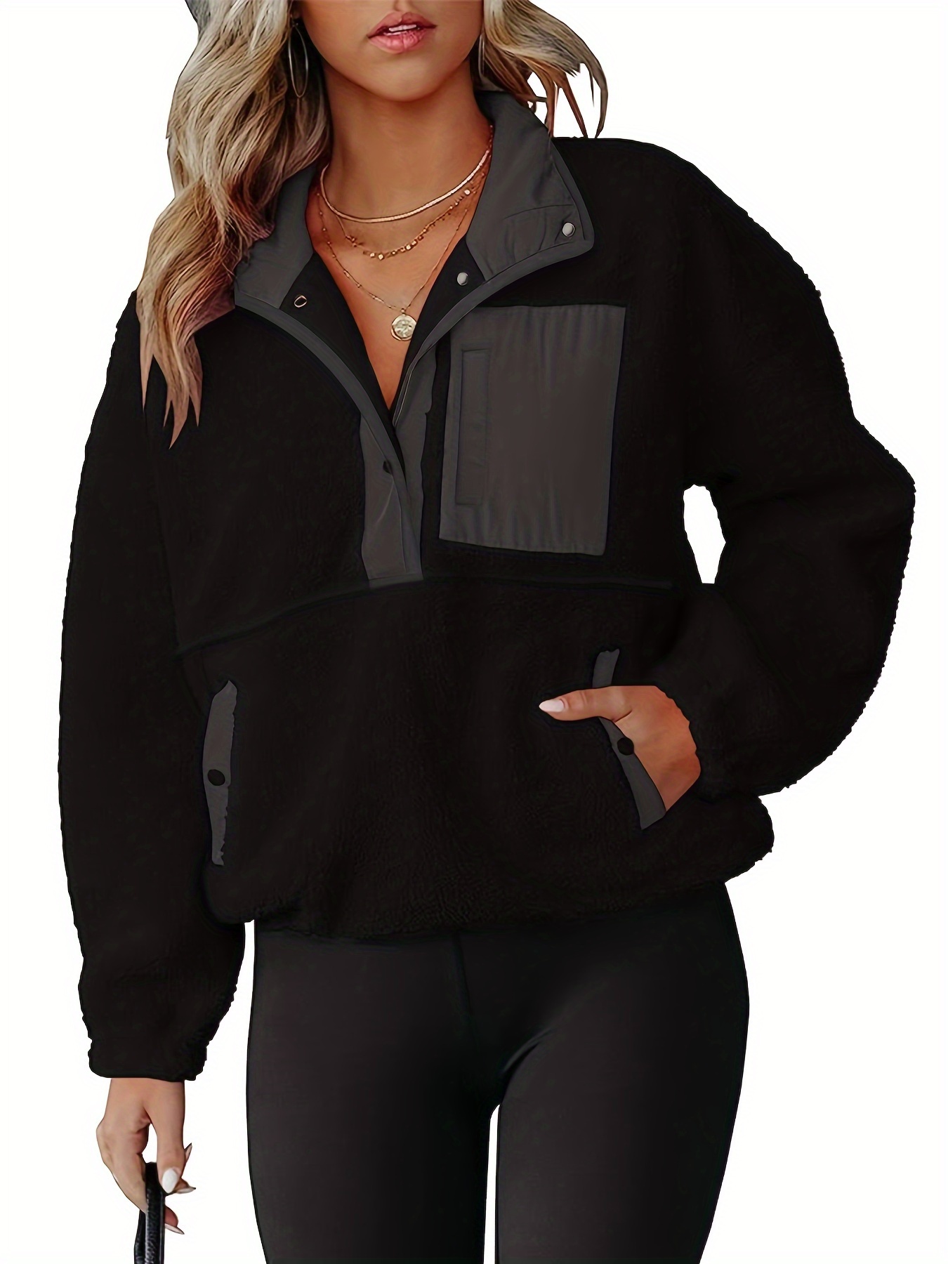 Women Casual Sherpa Fleece Vest Warm Fuzzy Zip Up Vest with  Pockets(Black,Large)