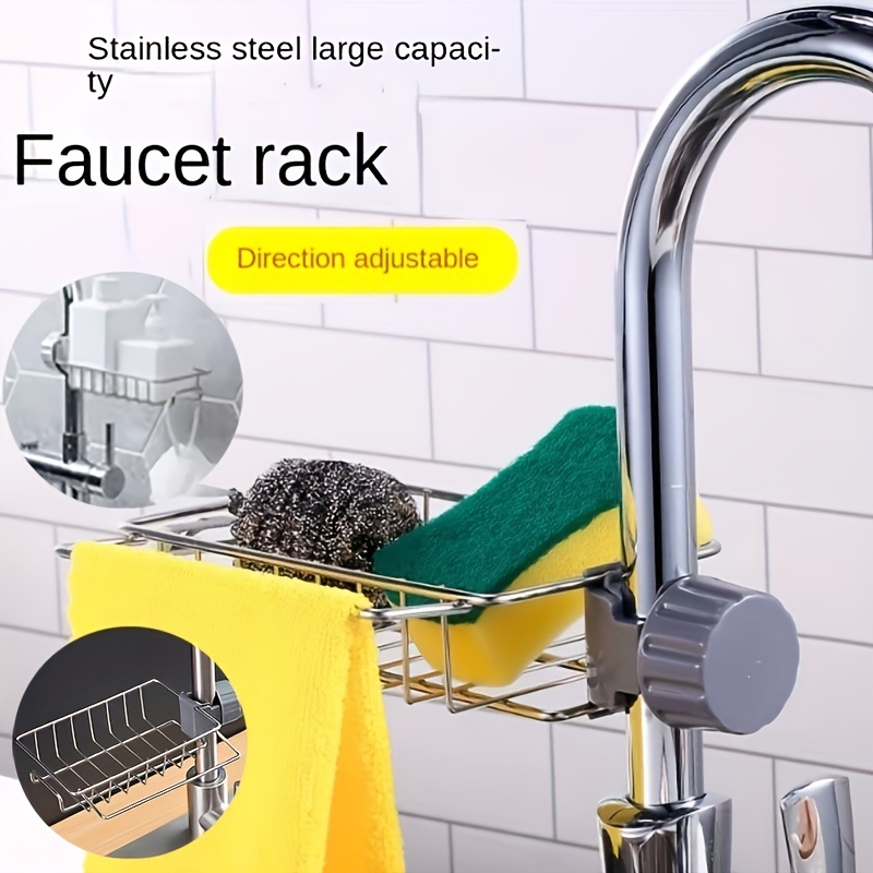 1pc Stainless Steel Sink Organizer Drying Rack, Hanging Sponge Holder,  Faucet Storage Rack with Plastic Tray