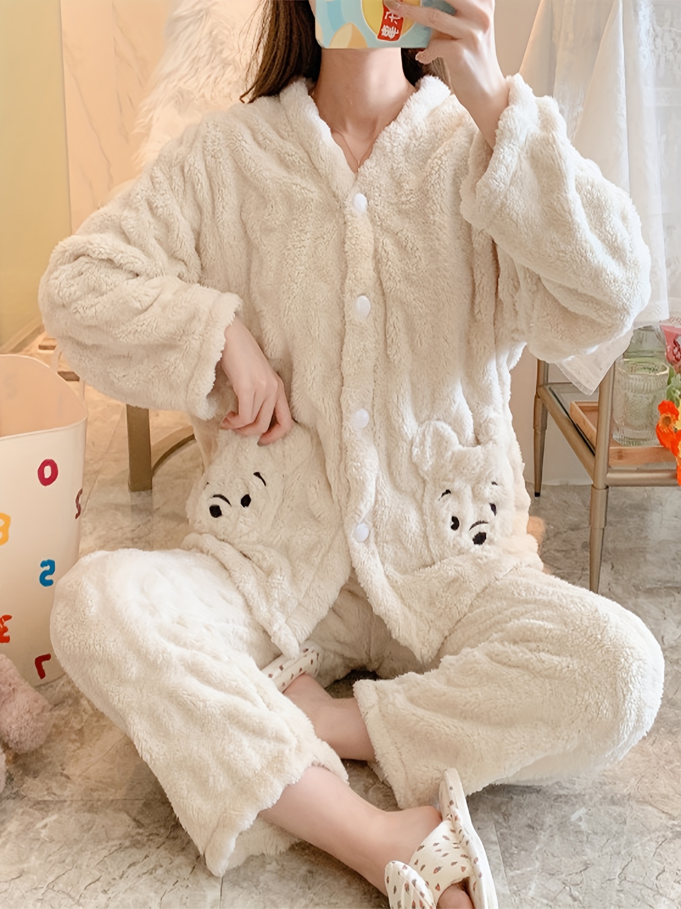 Teddy Bear Print Pajama Set Long Sleeve Buttons Top Fuzzy - Temu