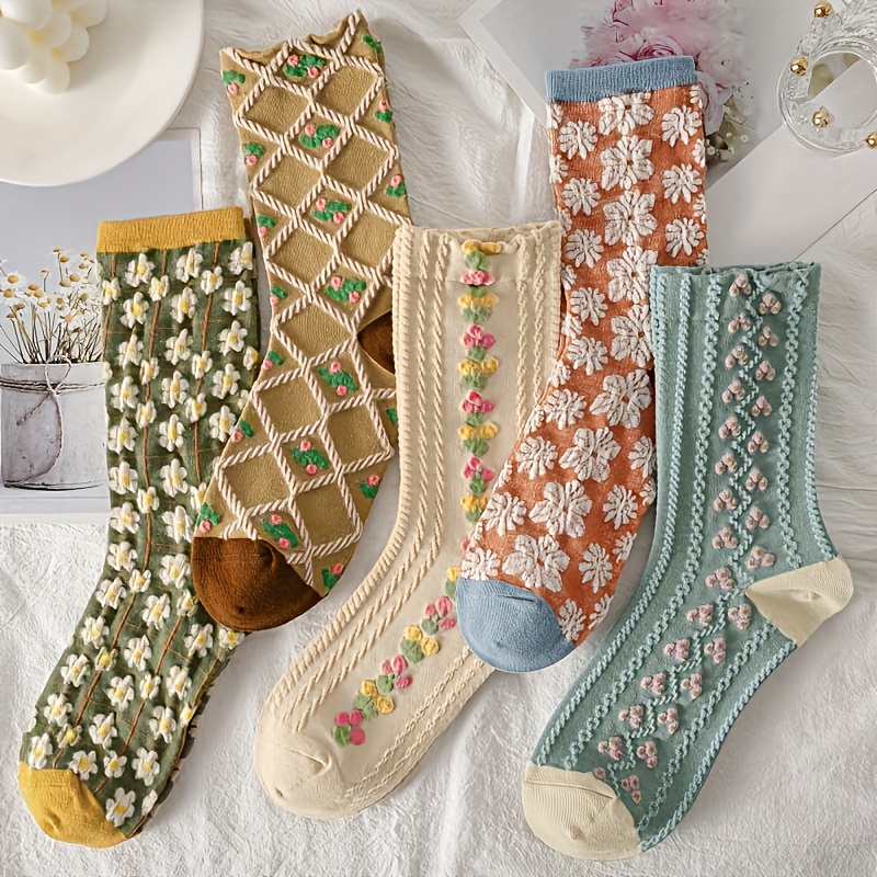 

5 Pairs Floral Print Socks, Retro & Comfy Mid Tube Socks, Women's Stockings & Hosiery