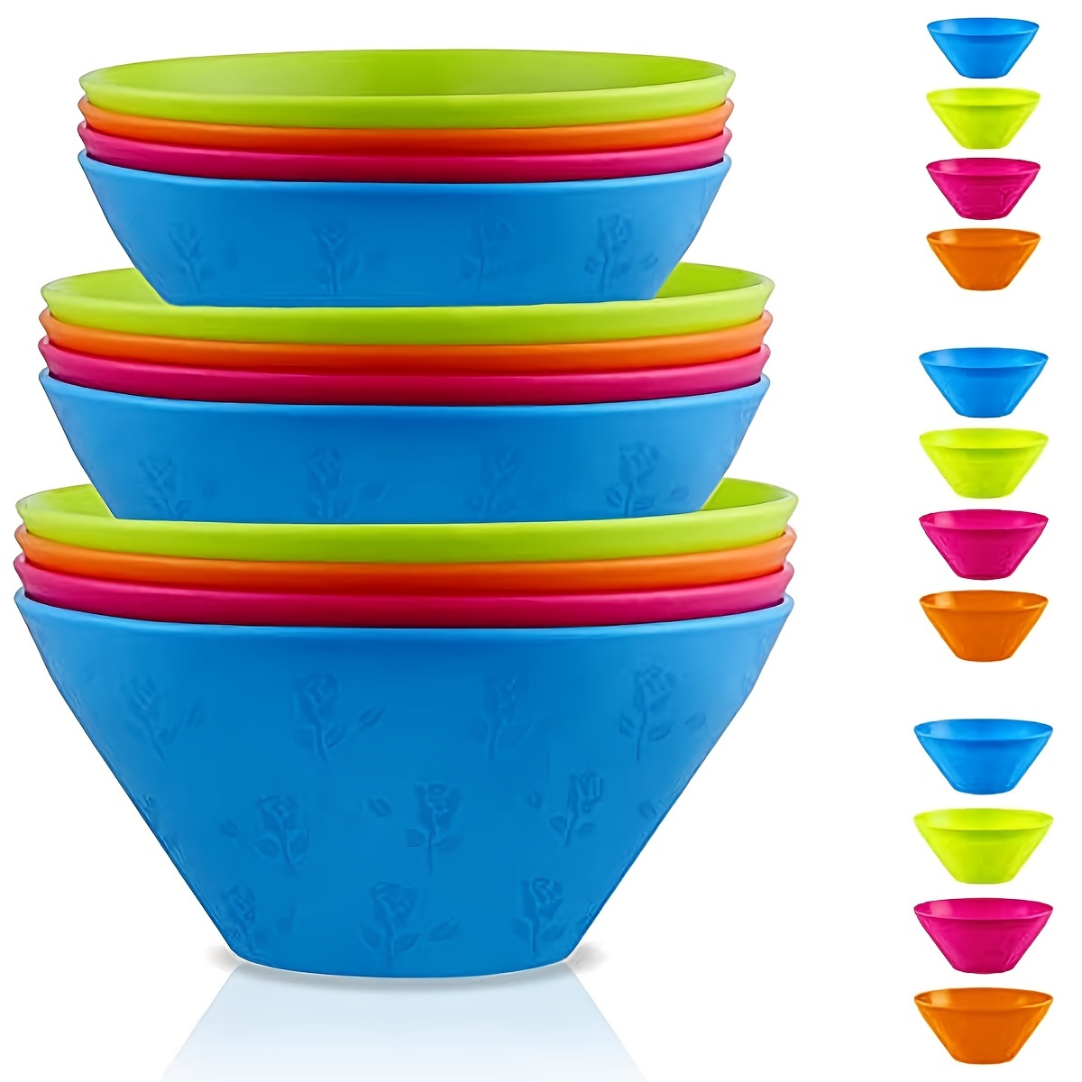 

12pcs Plastic Bowls Set, 3 Sizes 14/20/25oz Unbreakable Reusable Light Weight Bowl For Cereal, Noodle, Soup, Pasta, Ramen, Popcorn, Ice Cream, Fruit, Salad And All Purpose