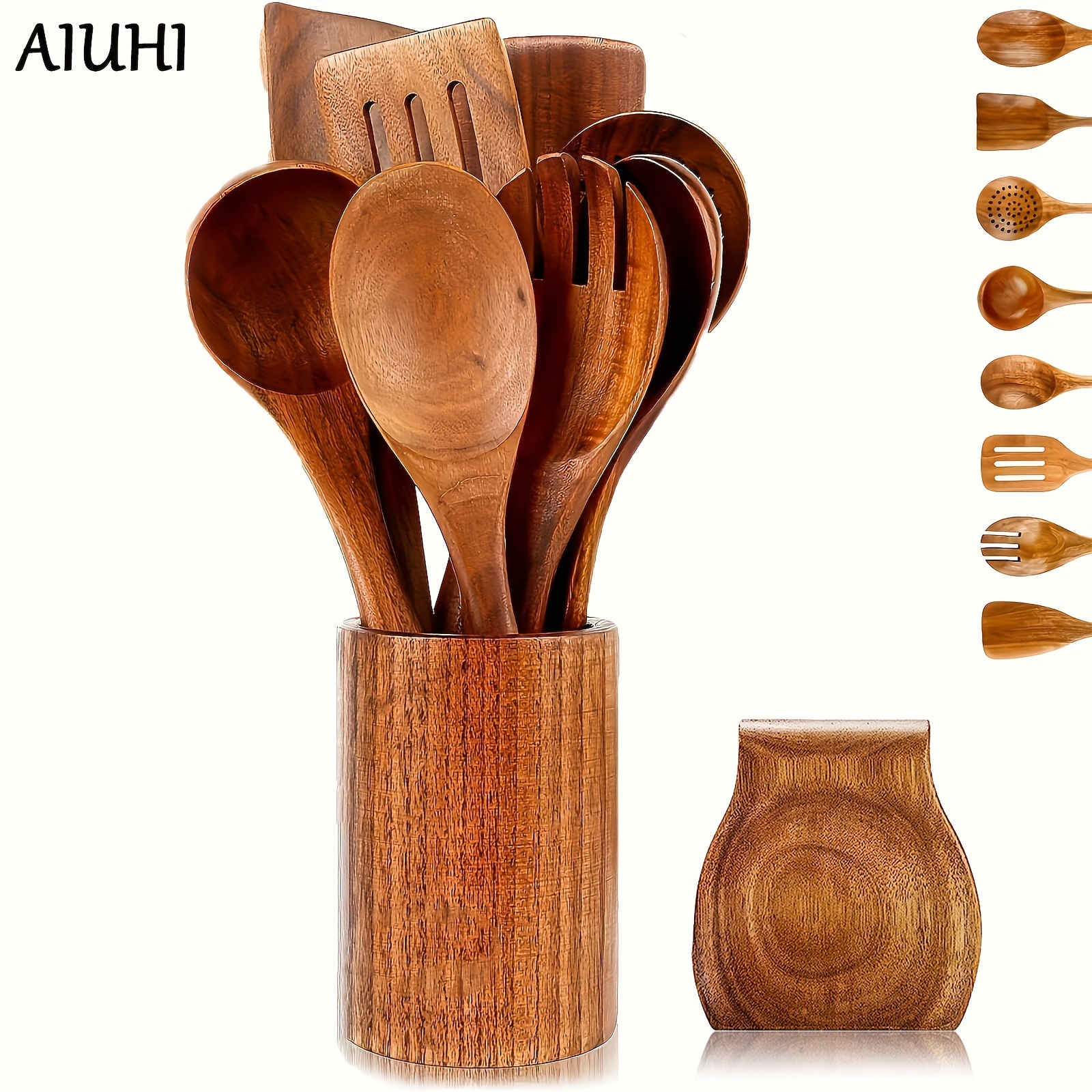 10 utensilios de cocina de madera para cocina con soporte y reposo, juego  de utensilios de cocina de madera, cucharas de madera de teca para cocinar