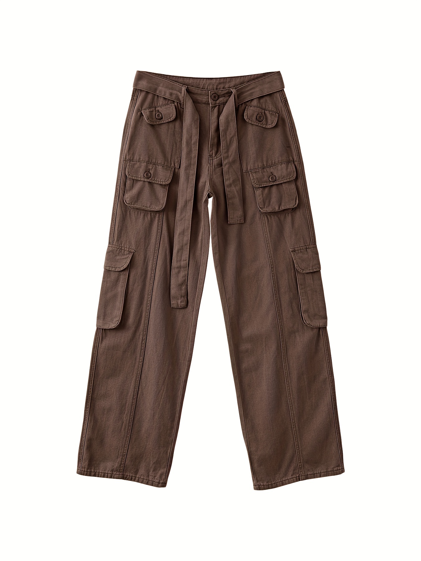 Plain Multi Pockets Tie Belt Cargo Jeans Solid Color Loose - Temu