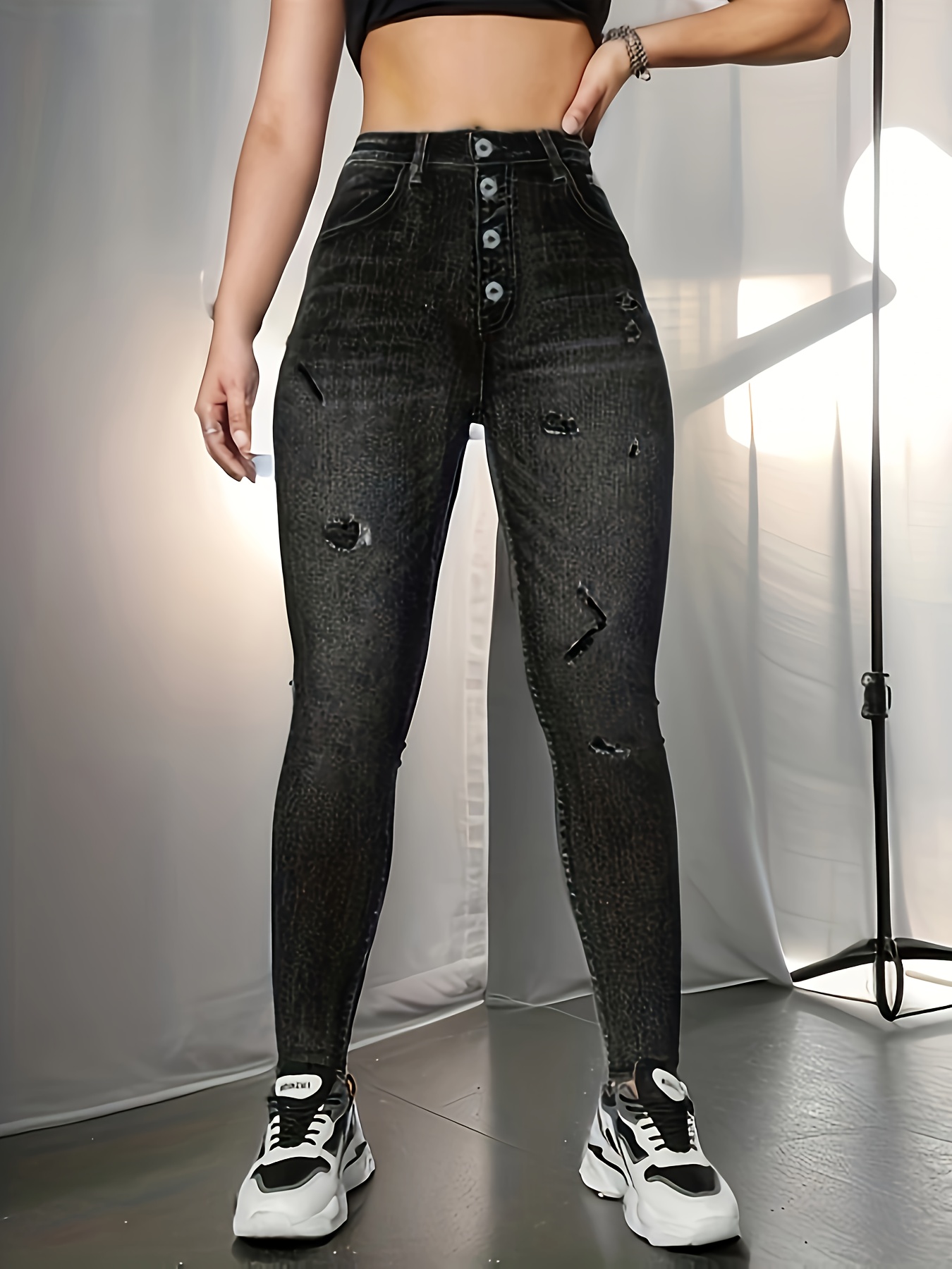 Black Ripped Holes Skinny Jeans Slim Fit Single Breasted - Temu Canada