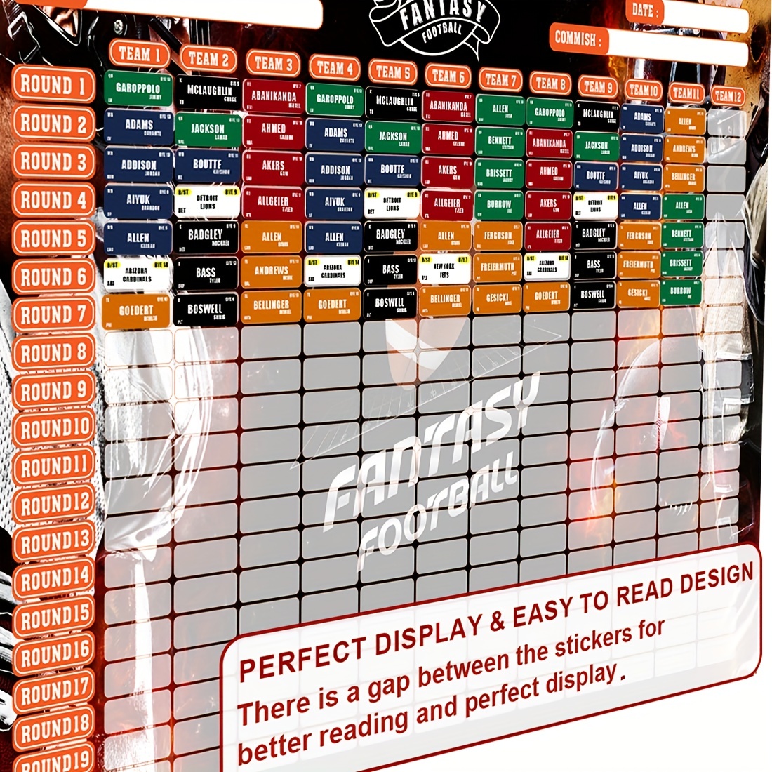 Fantasy Football Draft Board 2023, Fantasy Football Draft Board For The  2023-2024 Season Kit, 12 Teams 20 Rounds & 450 Label Stickers - Temu