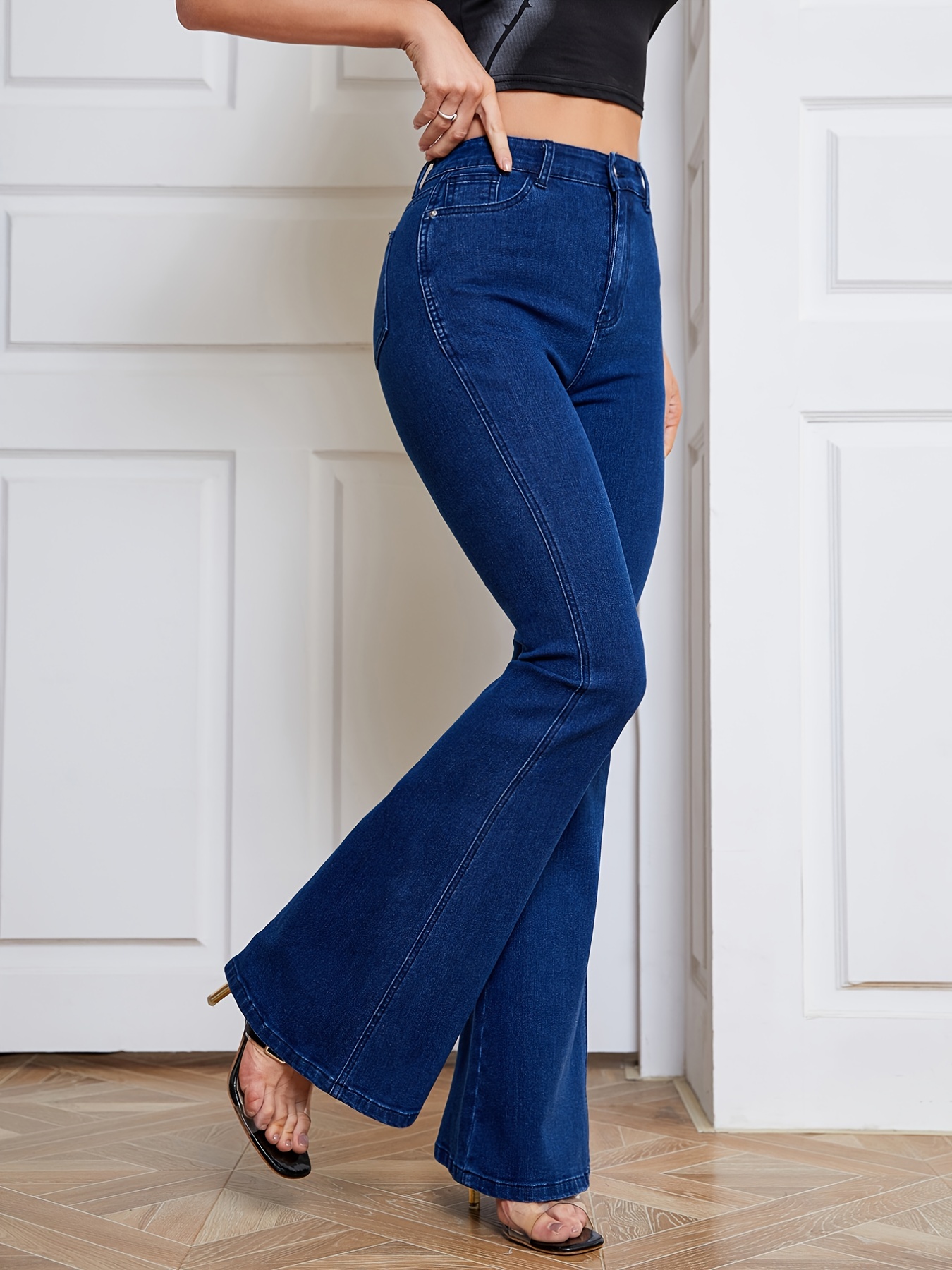 Dark Blue High Waist Flared Jeans, High Rise Bell Bottom Wide Legs Stretchy Denim  Pants, Women's Denim Jeans & Clothing - Temu United Arab Emirates