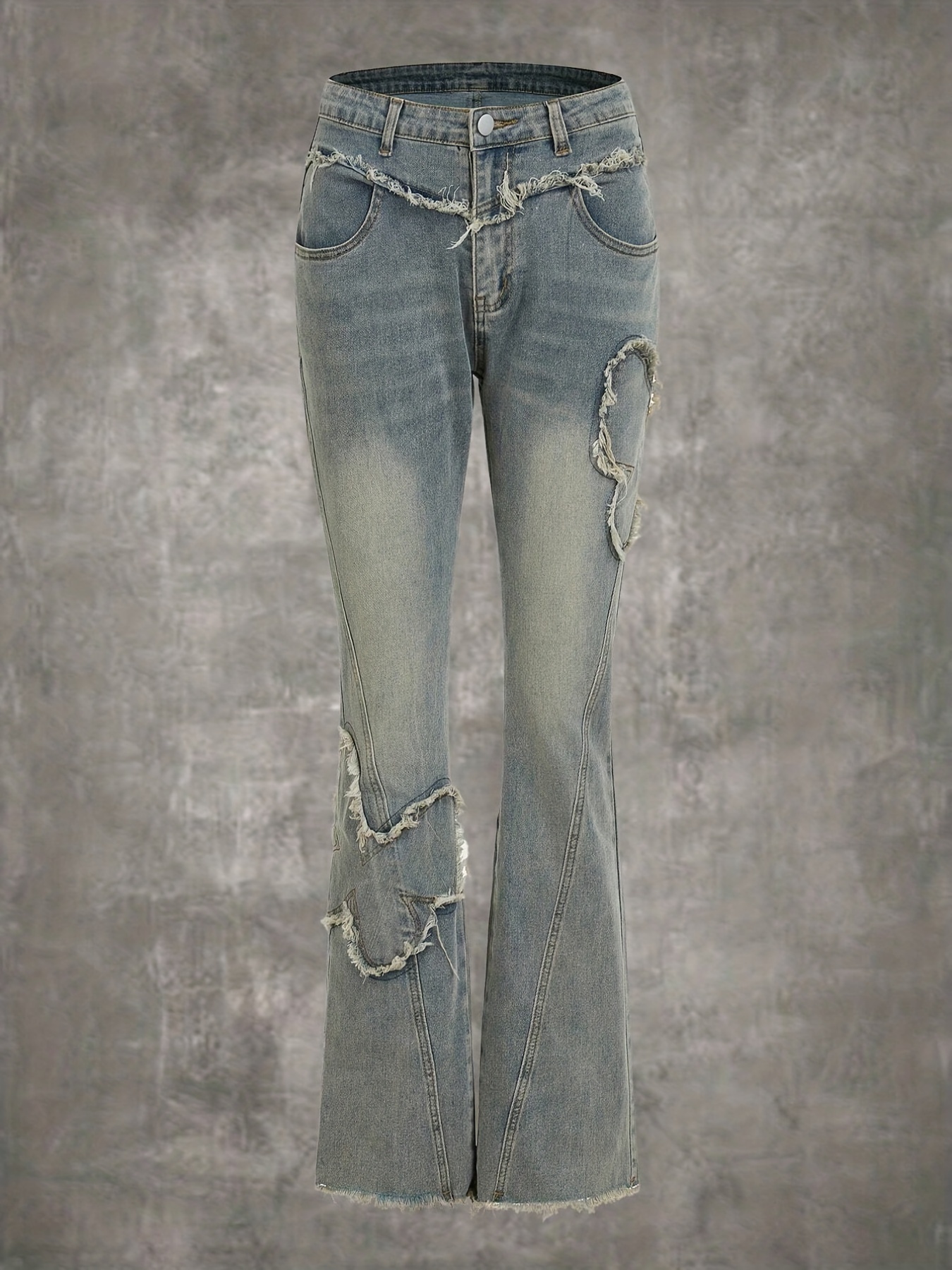 Women Mid Waist Stretchy Patchwork Denim Bellbottom Jeans Pants