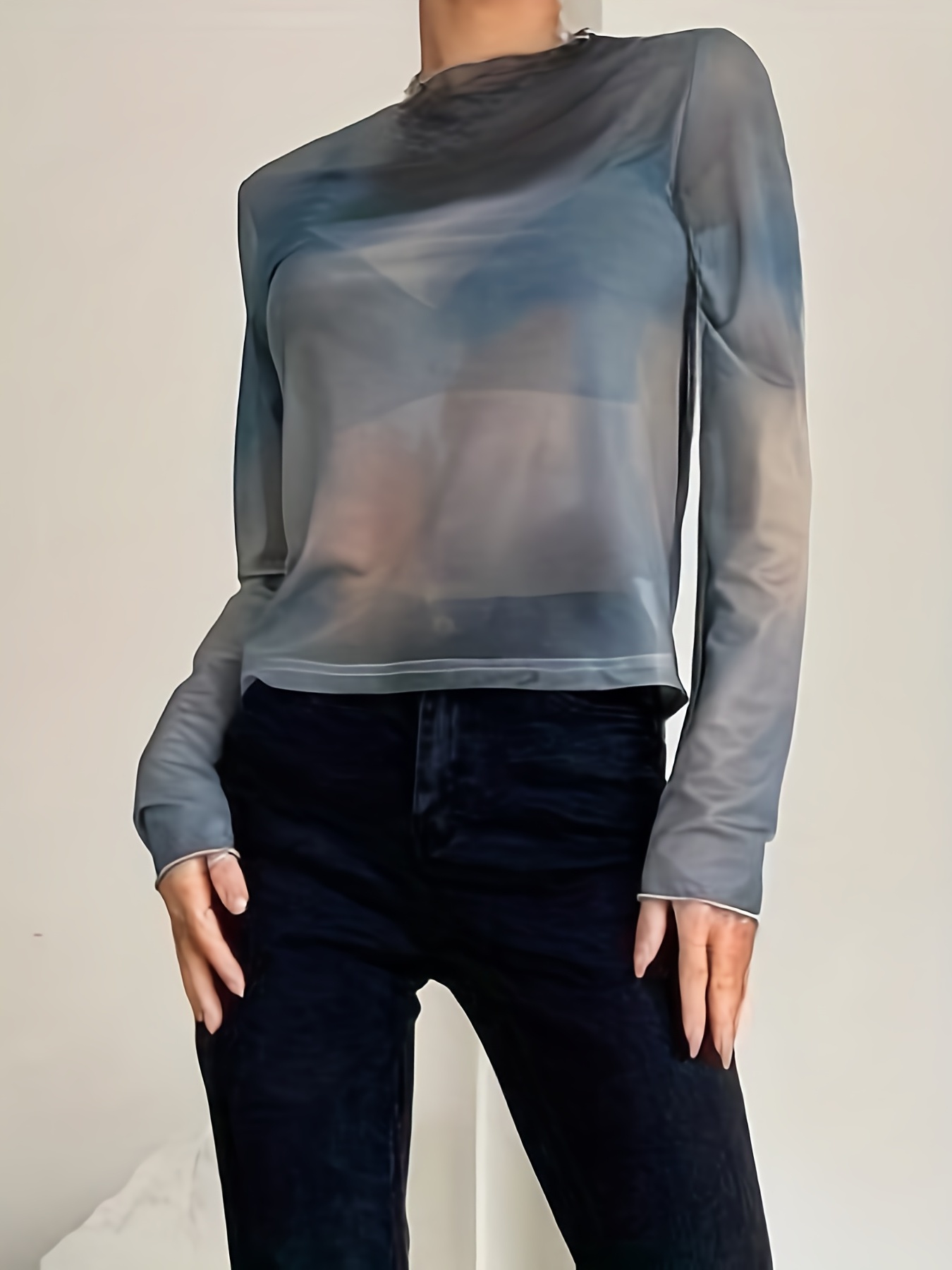 Mock-neck sheer T-shirt