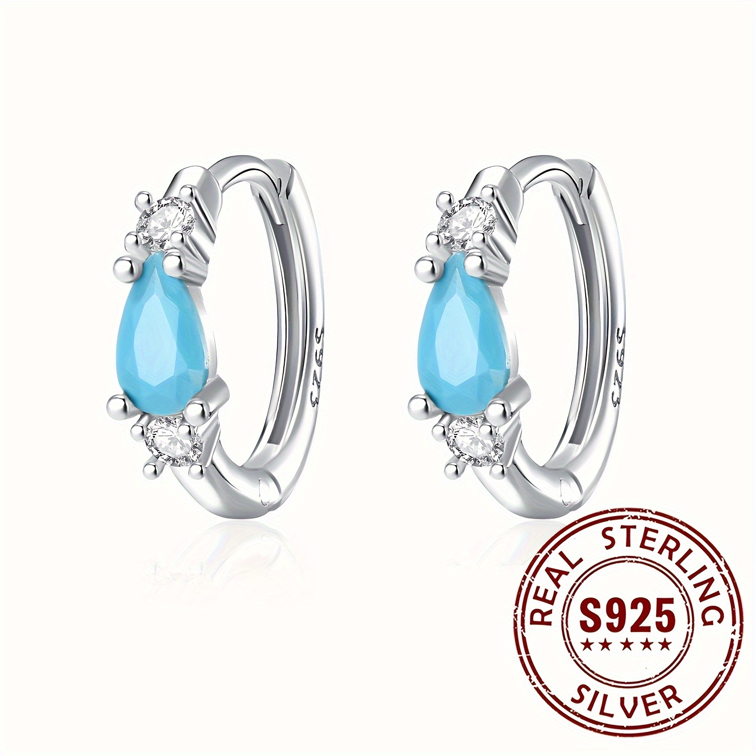 

Exquisite 925 Sterling Silver Hypoallergenic Hoop Earrings With Water Drop Turquoise Inlaid Elegant Vintage Style Female Gift