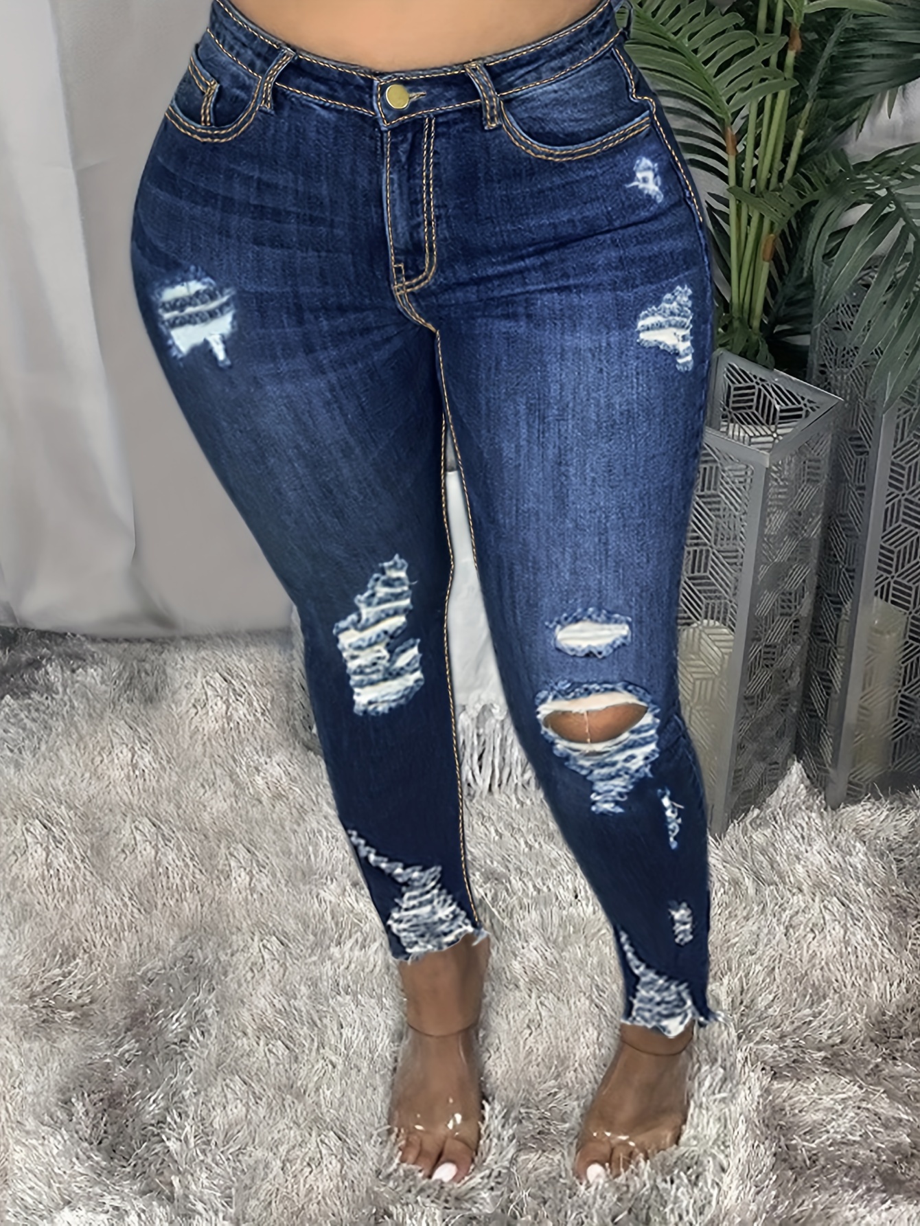 Ripped Roll Hem Skinny Jeans High Waist Whiskering - Temu Canada