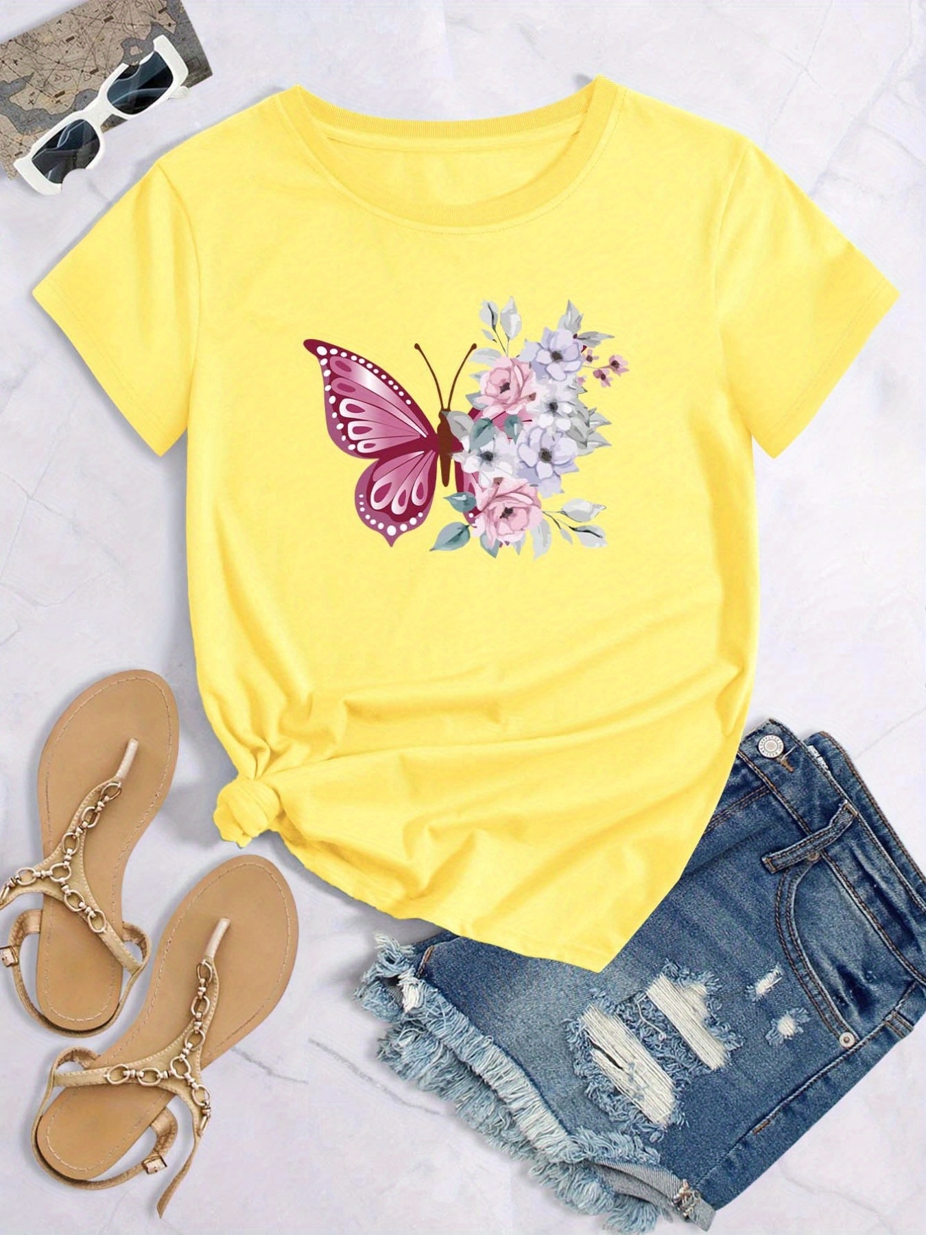 Butterflies And Flowers Print Crew Neck T-shirt, Loose Casual