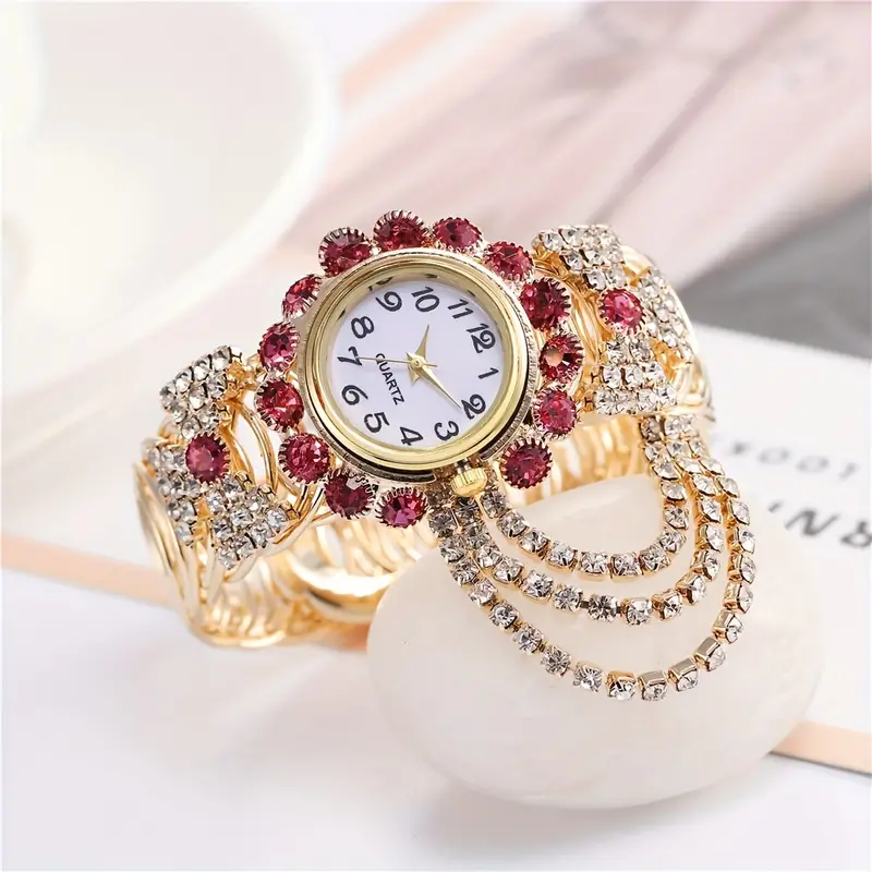 rhinestone decor quartz bracelet watch elegant round pointer analog cuff bangle watch gift for mothers day valentines day details 0
