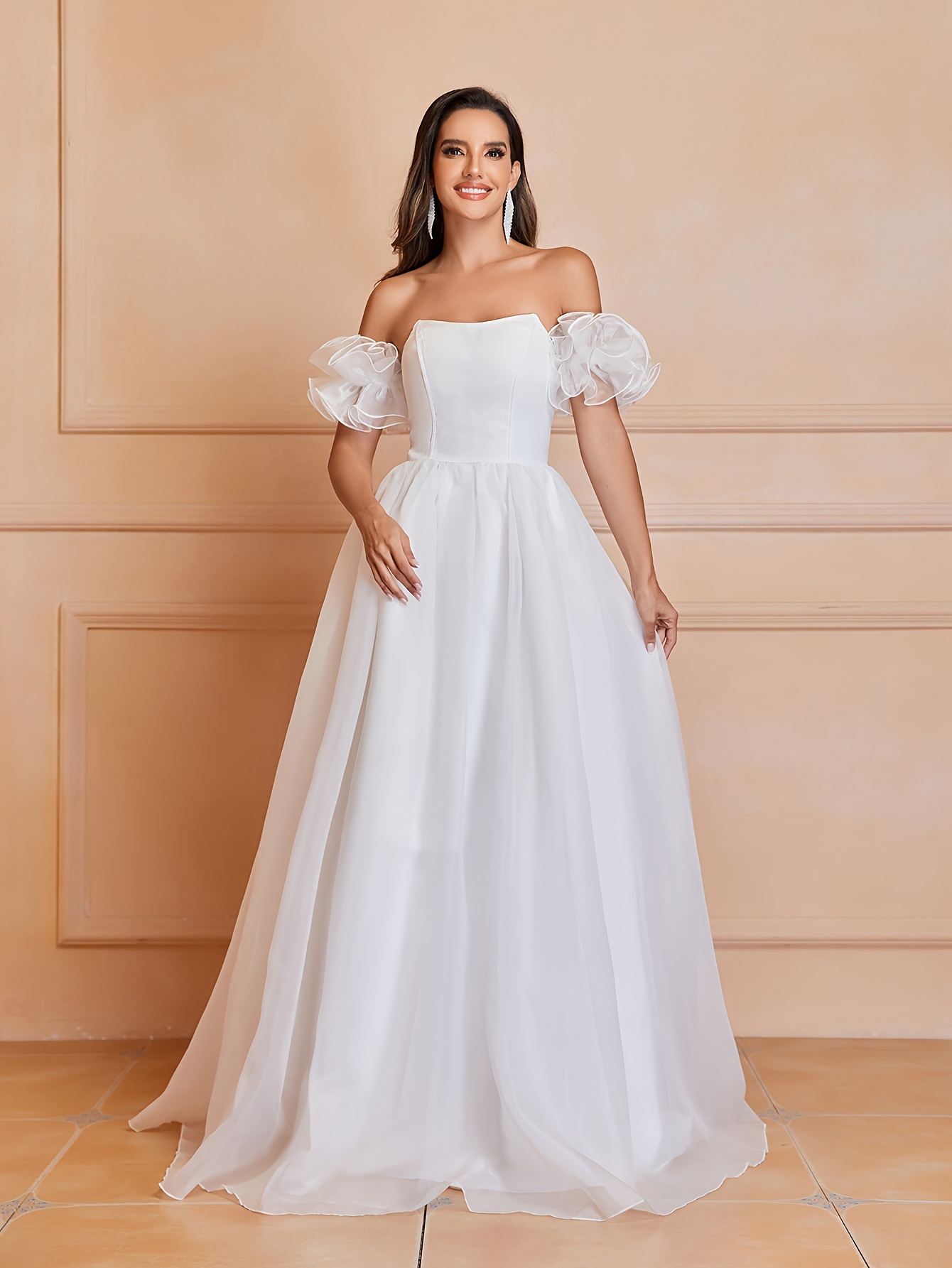 Contrast Mesh Off Shoulder Wedding Dress, Elegant Puff Sleeve Maxi Dress,  Women's Clothing