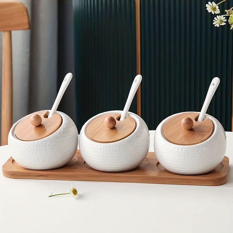 Set de 8 pots à épices avec couvercle et support en bois clair Tychés Blanc