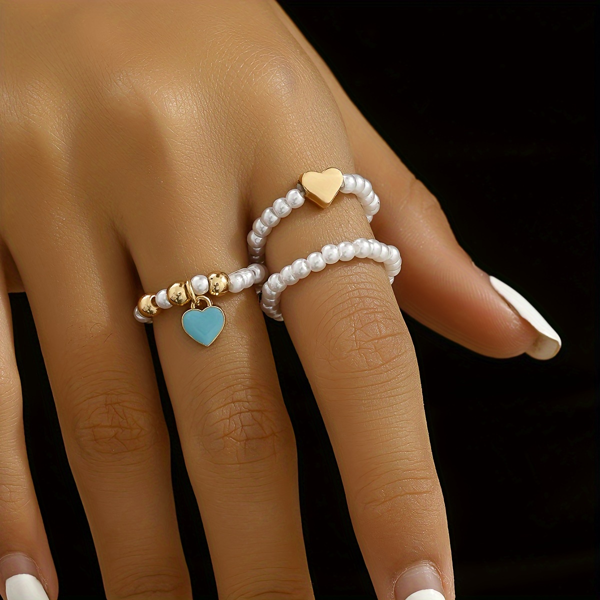 Vintage Heart Ring Set Elastic Irregular Faux Pearl Beaded Love Drop Ring
