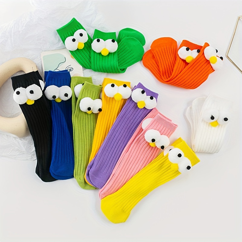 

1 Pair Girl' Cartoon Eye Doll Knitted Socks, Cotton Blend Comfy Breathable Soft Crew Socks For Outdoor Wearing