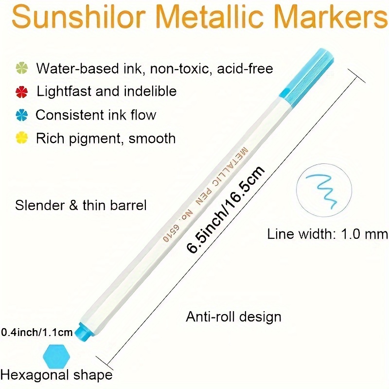 Sunshilor Metallic Marker Pens Medium Point Metallic Pens for Black Paper, Art Rock Painting, Halloween Pumpkin, Easter Egg, Ceramics, Wine Glass, Mug