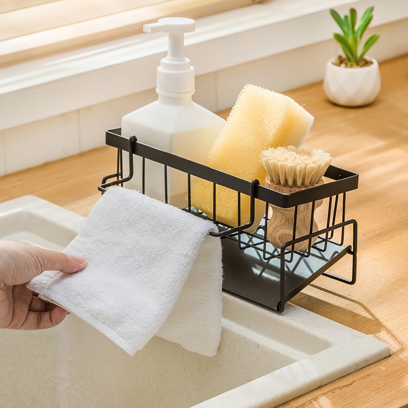 Sink Caddy With Towel Rod Dish Sponge Holder Quick Draining - Temu
