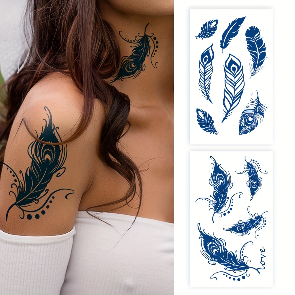 2pcs Juice Long Lasting Blue Peacock Hair Waterproof Temporary Tattoo  Sticker Moon Feather Simple Lines Tattoos Arm * Tattoos Body Art For Women