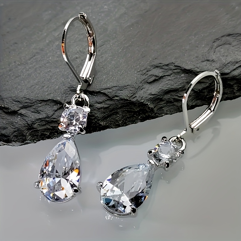 TEMU Aretes Colgantes Con Decoración De Circonita Brillante, Estilo Elegante Y Lujoso, Joyería Plateada, Aretes Para Banquetes.