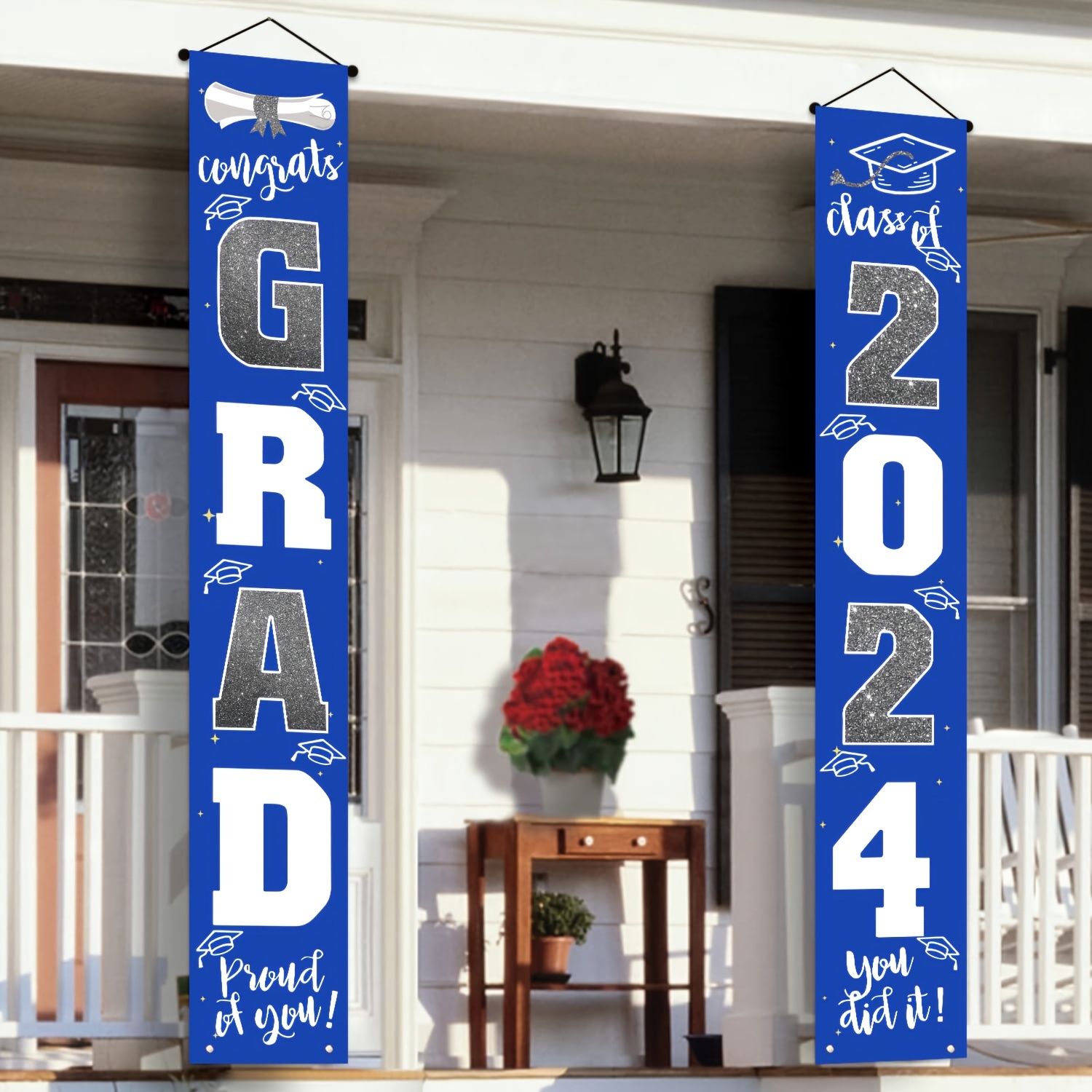 

1 Pair Class Of 2024 Congrats Grad Porch Banner Sign, Graduation Front Door Decorative Blue Gold Hanging Welcome Banner Flag, High School College Graduate Party Decoration Classroom Home Outdoor Decor
