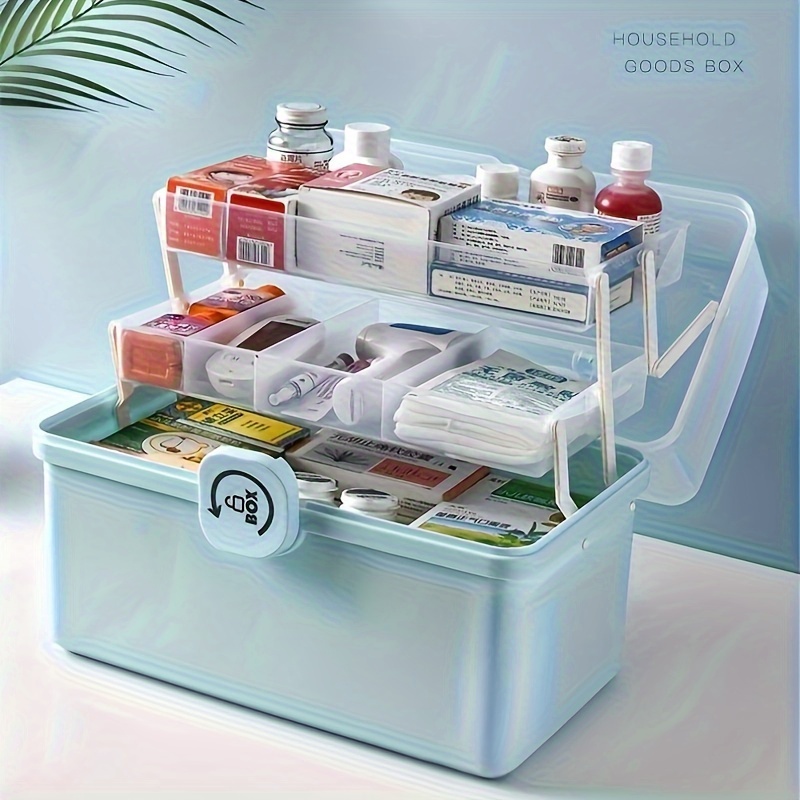 Caja de almacenamiento de medicamentos de plástico para primeros auxilios,  caja de medicamentos multicapa con asa, kit de medicamentos de emergencia